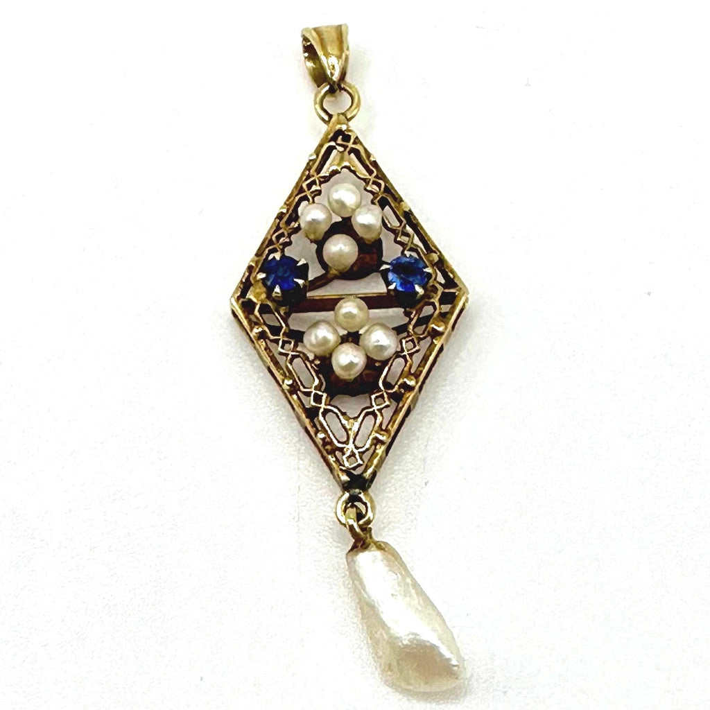 Vintage 14K Gold Edwardian Pearl and Sapphire Victorian Style Lavalier Pendant
