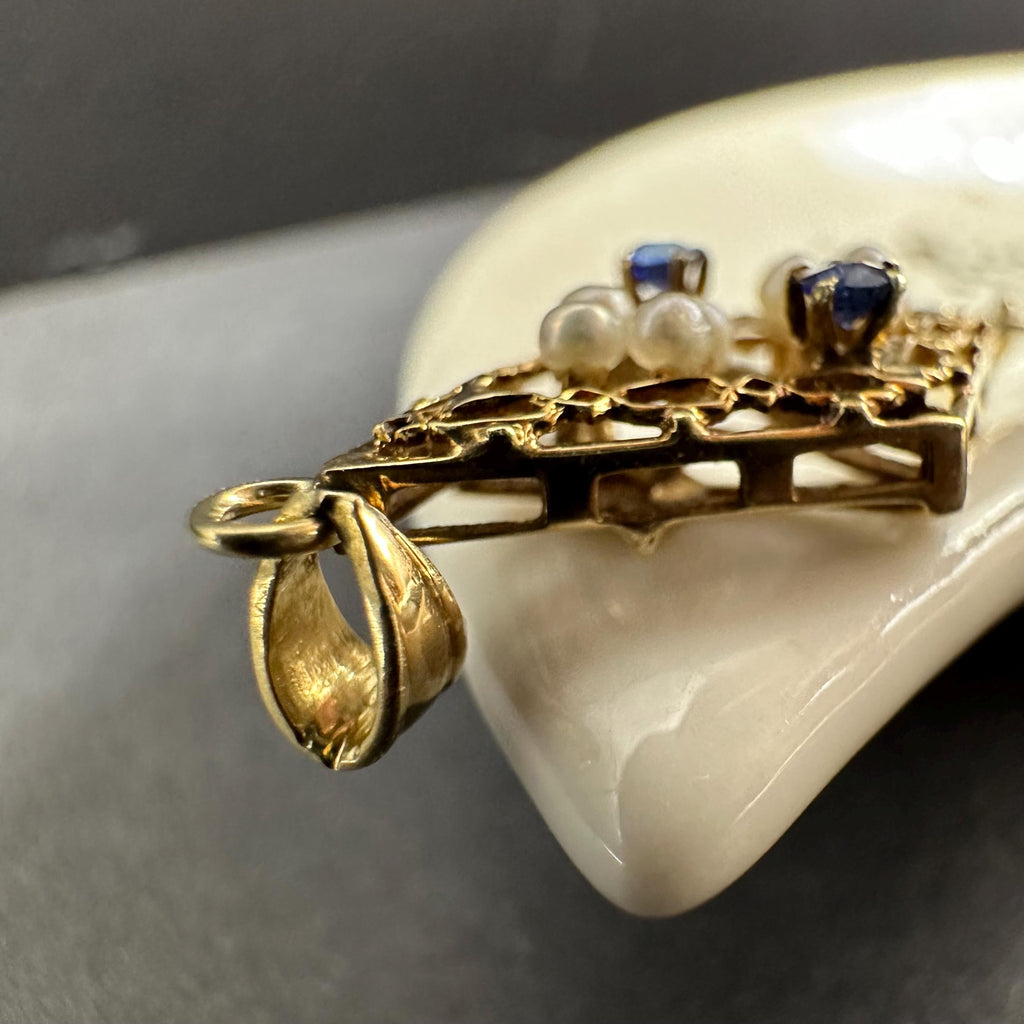 Vintage 14K Gold Edwardian Pearl and Sapphire Victorian Style Lavalier Pendant