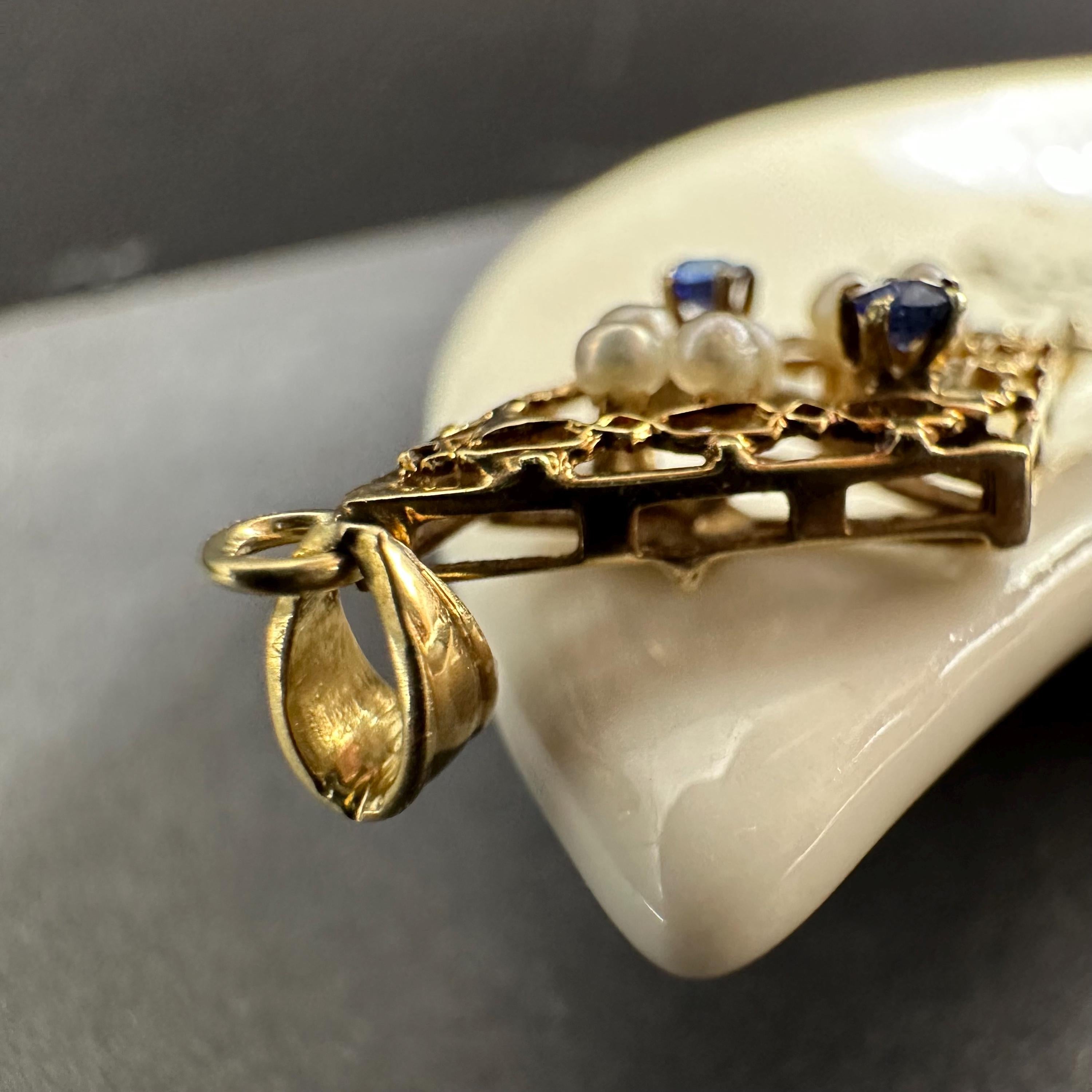 Vintage 14K Gold Edwardian Pearl and Sapphire Victorian Style Lavalier Pendant