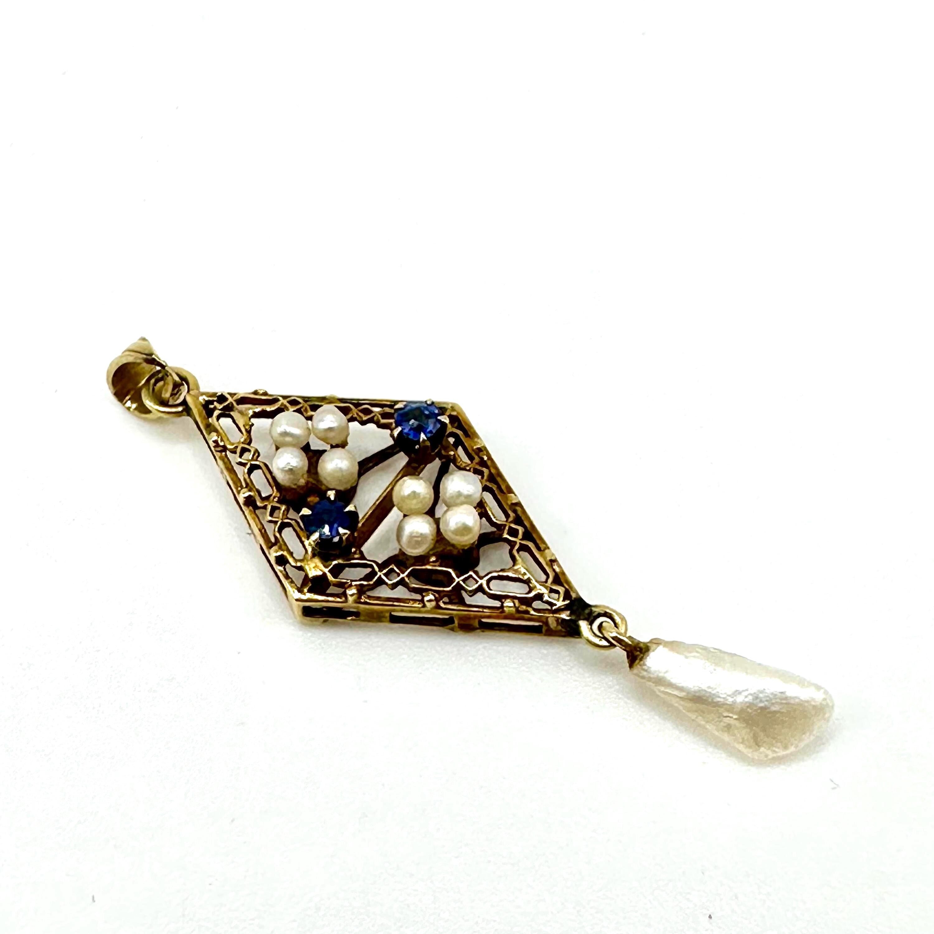 Vintage 14K Gold Edwardian Pearl and Sapphire Victorian Style Lavalier Pendant
