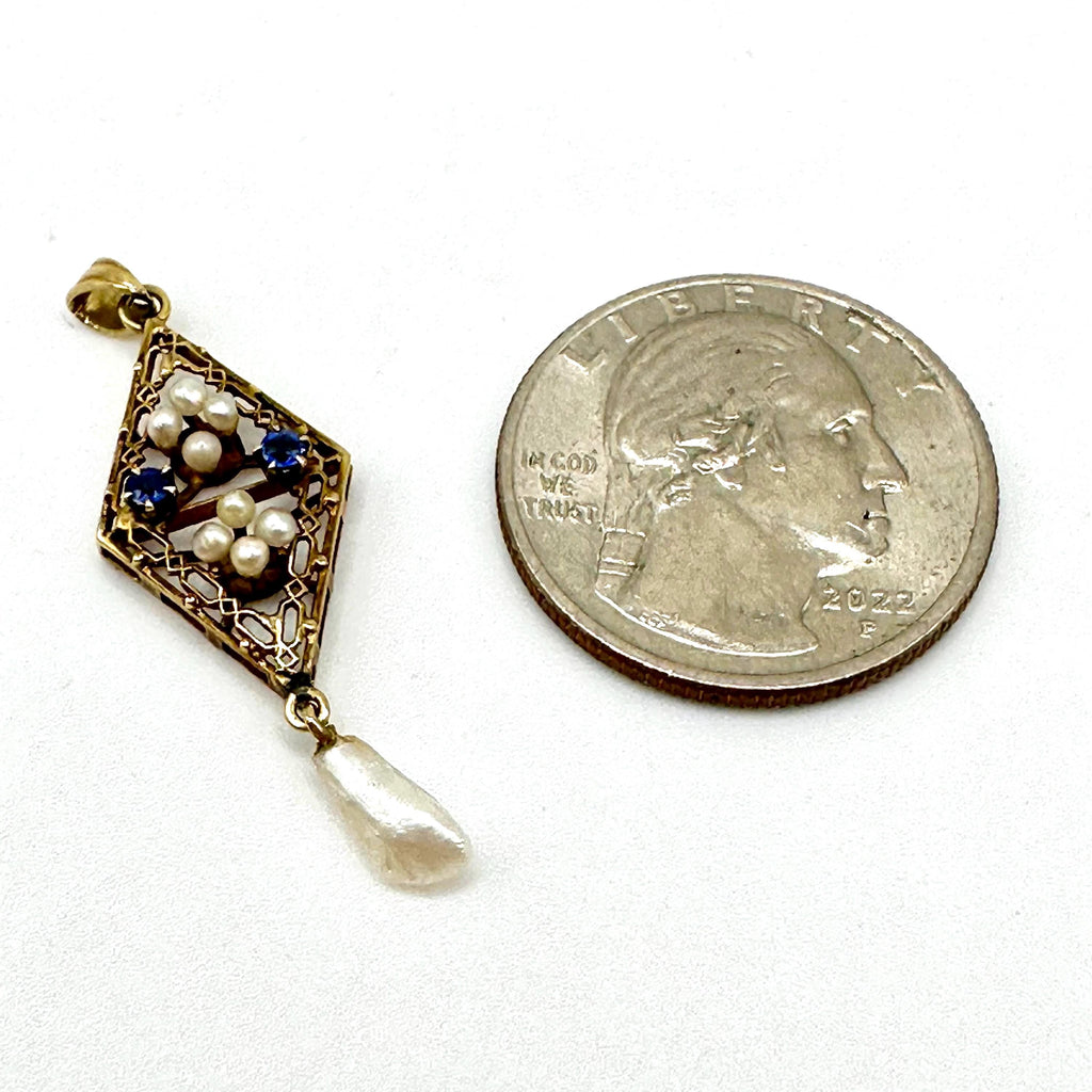 Vintage 14K Gold Edwardian Pearl and Sapphire Victorian Style Lavalier Pendant