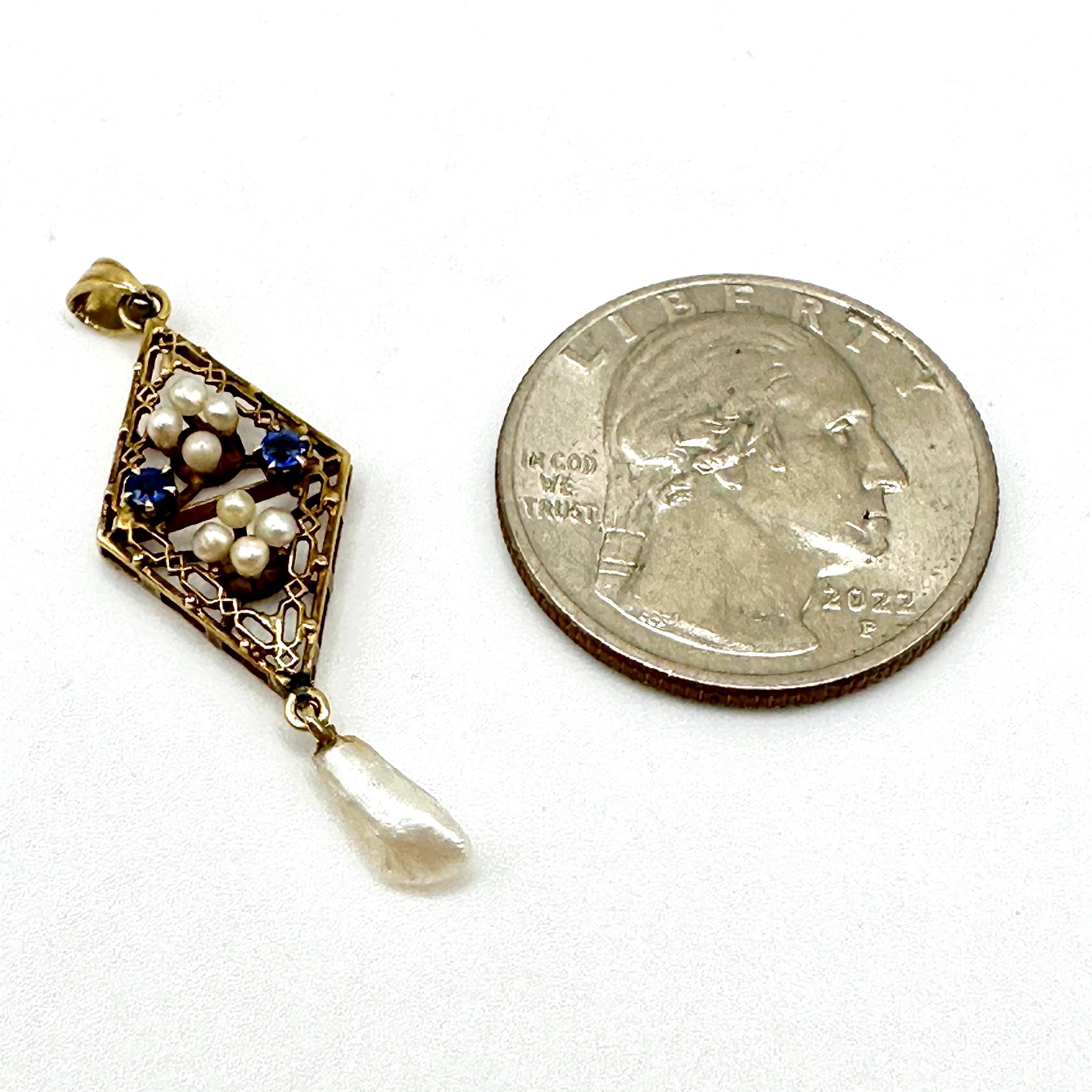 Vintage 14K Gold Edwardian Pearl and Sapphire Victorian Style Lavalier Pendant