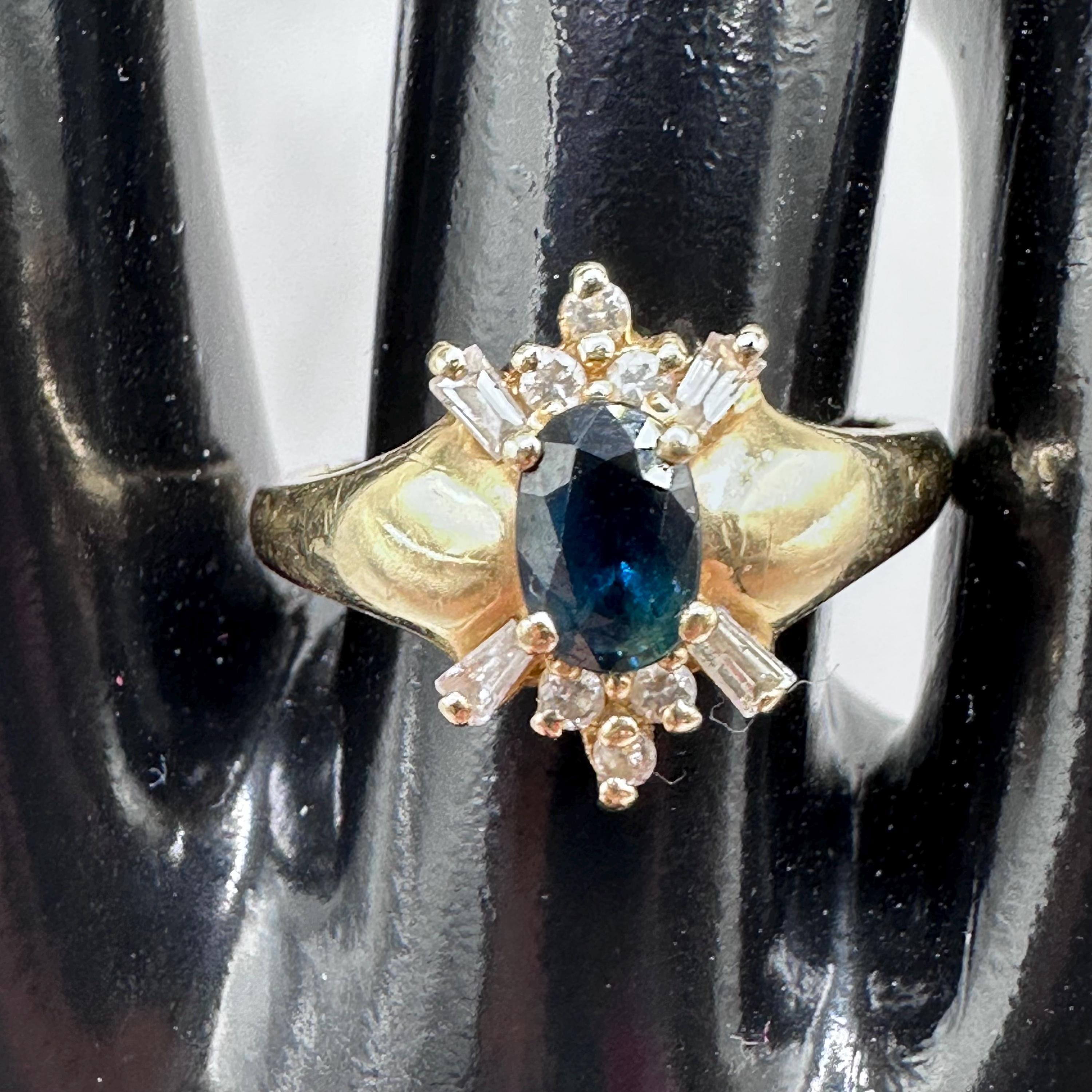 Vintage 14K Gold with Blue Sapphire and Diamonds Size 6.5
