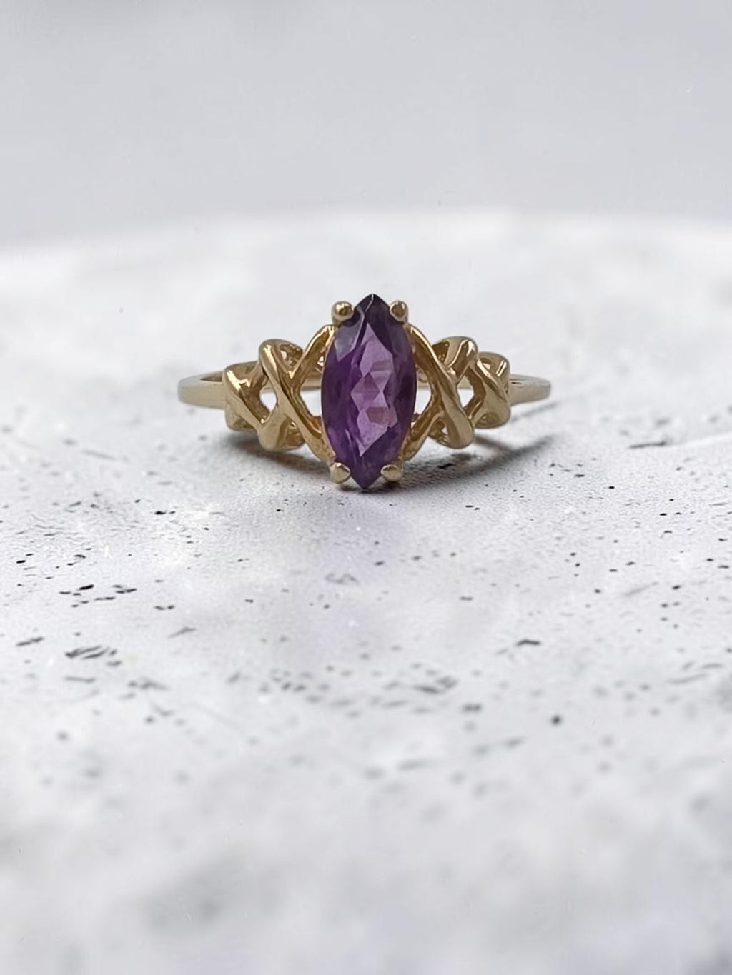 Vintage Ambras Fine Jewelry solid 14K gold marquise amethyst ring with openwork X shoulders