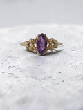 Vintage Ambras Fine Jewelry solid 14K gold marquise amethyst ring with openwork X shoulders