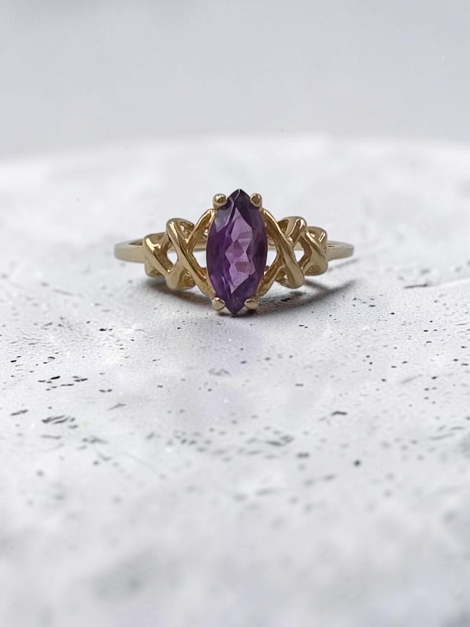 Vintage Ambras Fine Jewelry solid 14K gold marquise amethyst ring with openwork X shoulders