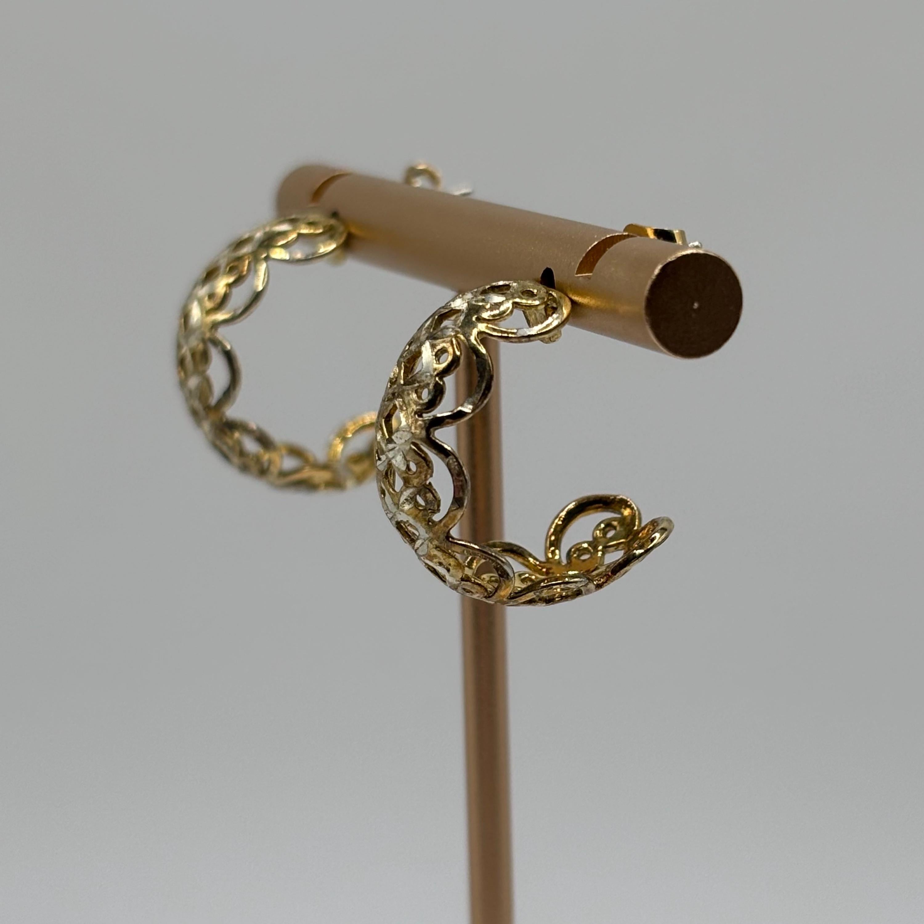 Vintage Gold Vermeil 925 Silver Open Weave Open Hoop Earrings