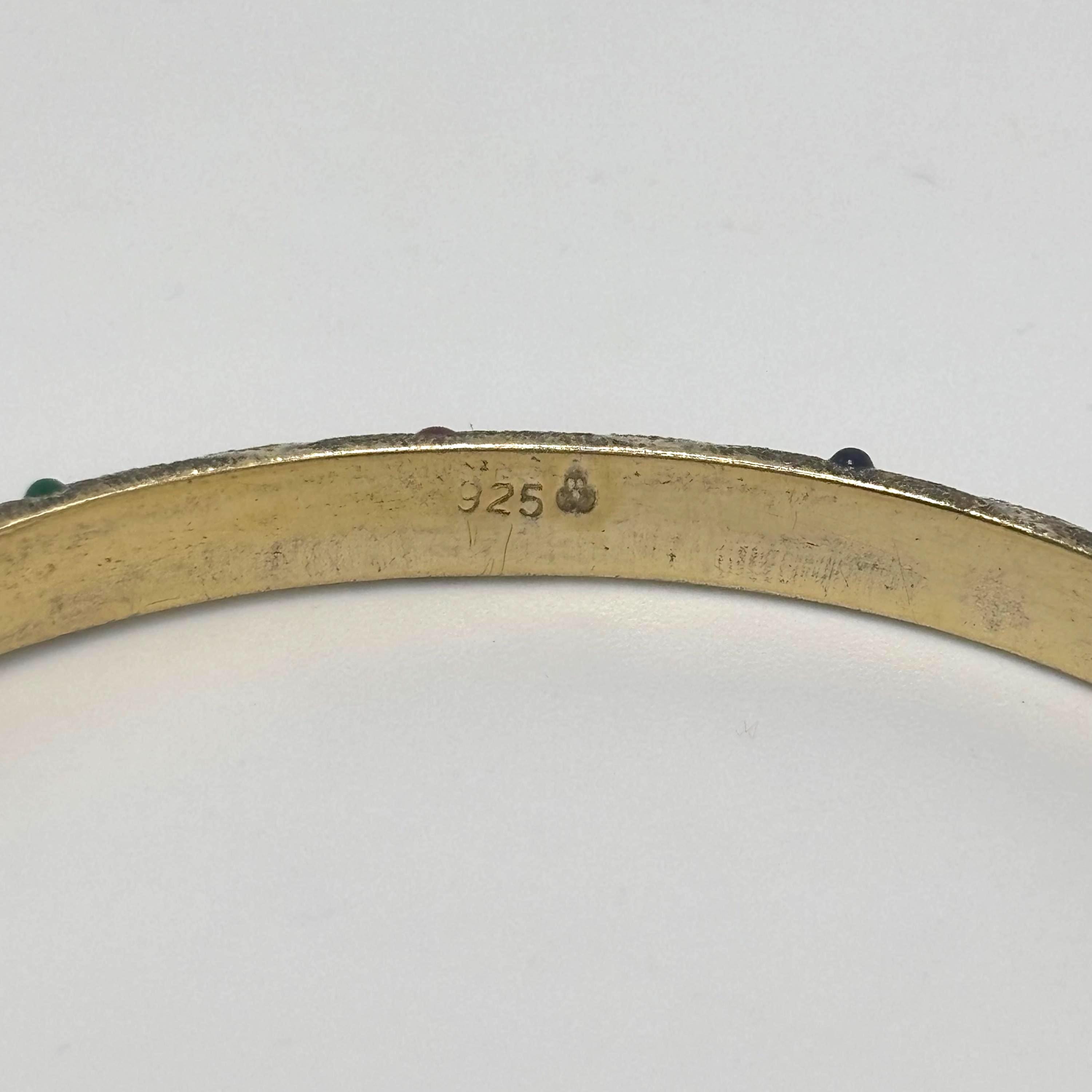 Vintage Gold Vermeil 925 Sterling Silver Bangle Bracelet with Colorful Accents 7.5 Inches Thailand