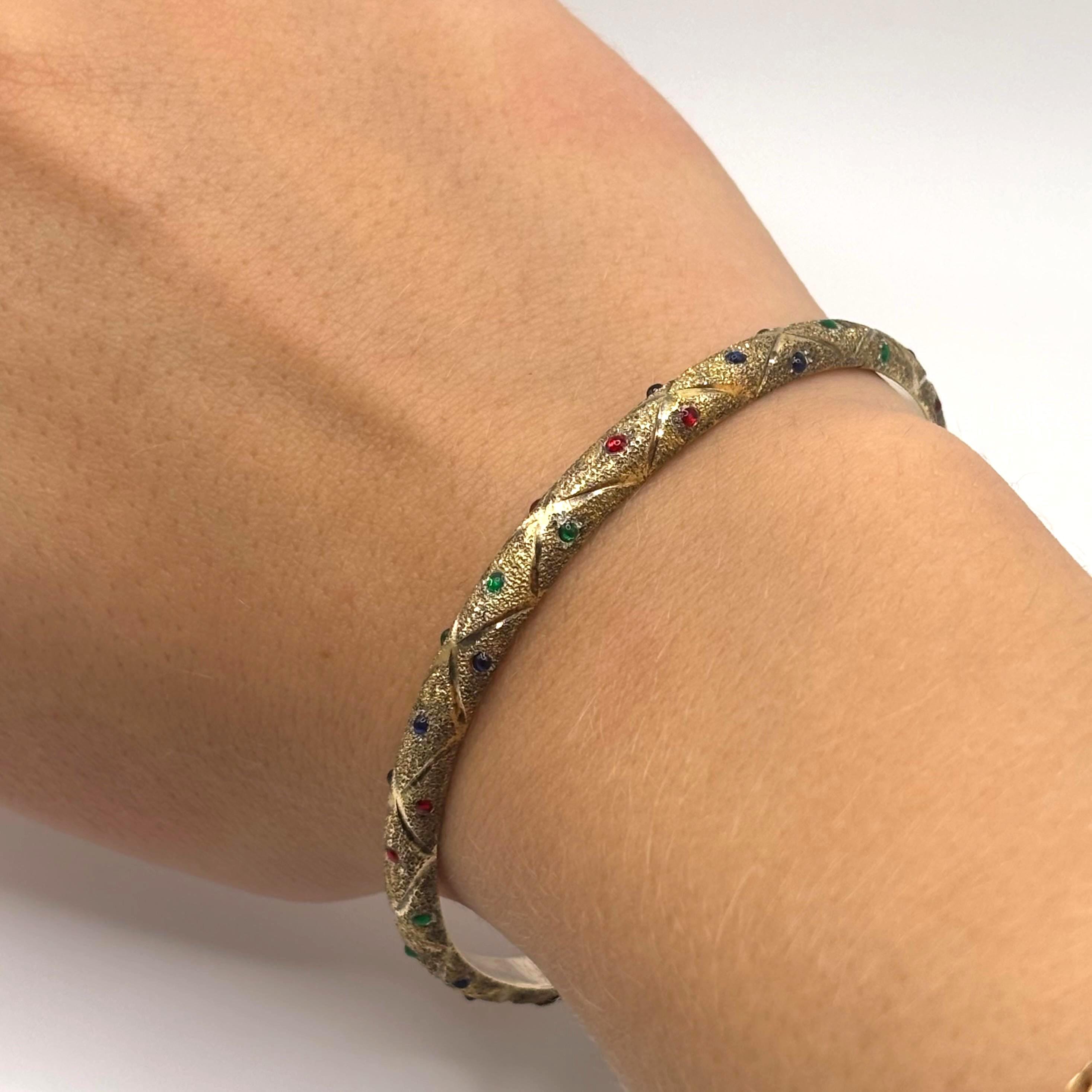 Vintage Gold Vermeil 925 Sterling Silver Bangle Bracelet with Colorful Accents 7.5 Inches Thailand