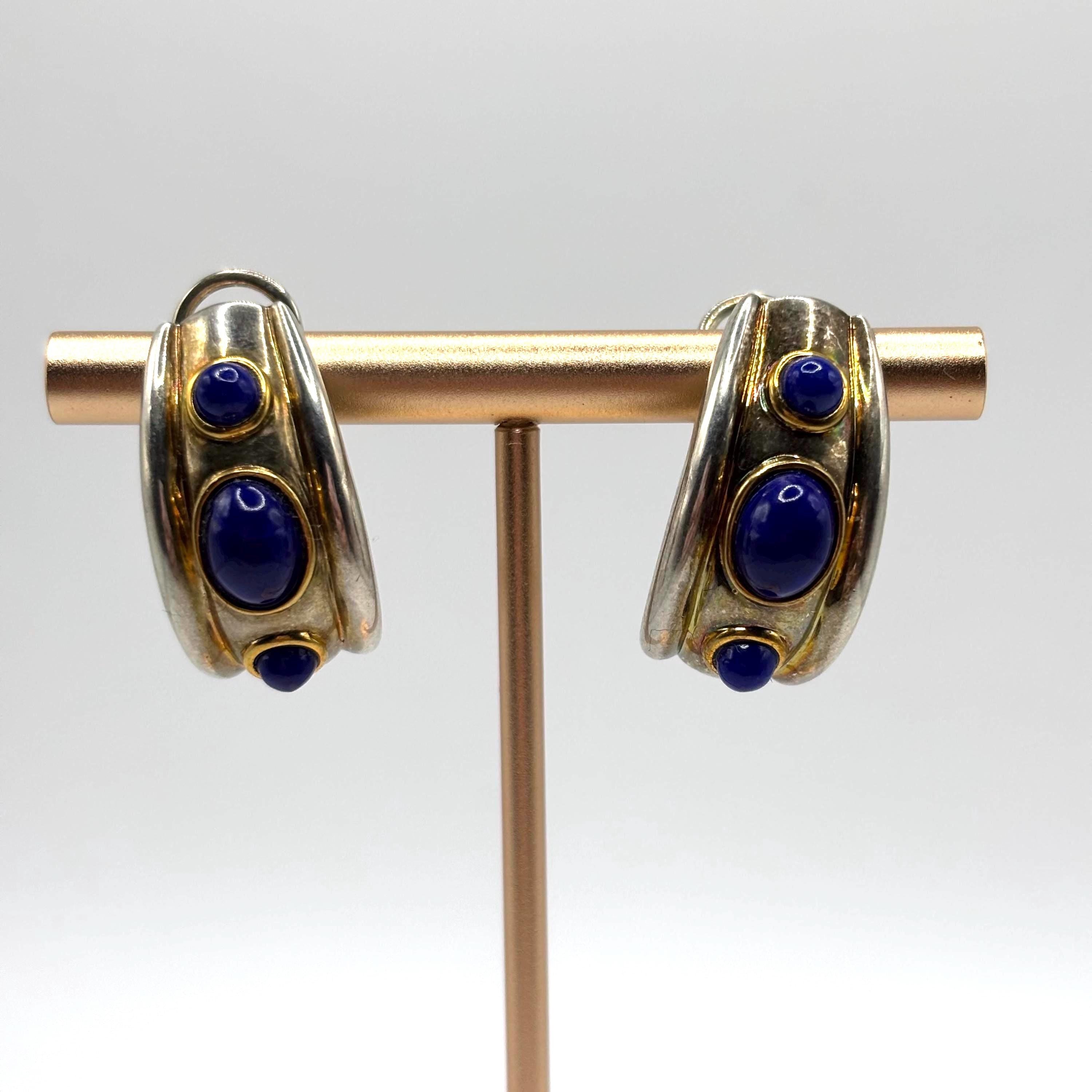 Vintage Gold Vermeil Over 925 Sterling Silver Hoop Earrings With Lapis Lazuli Accents
