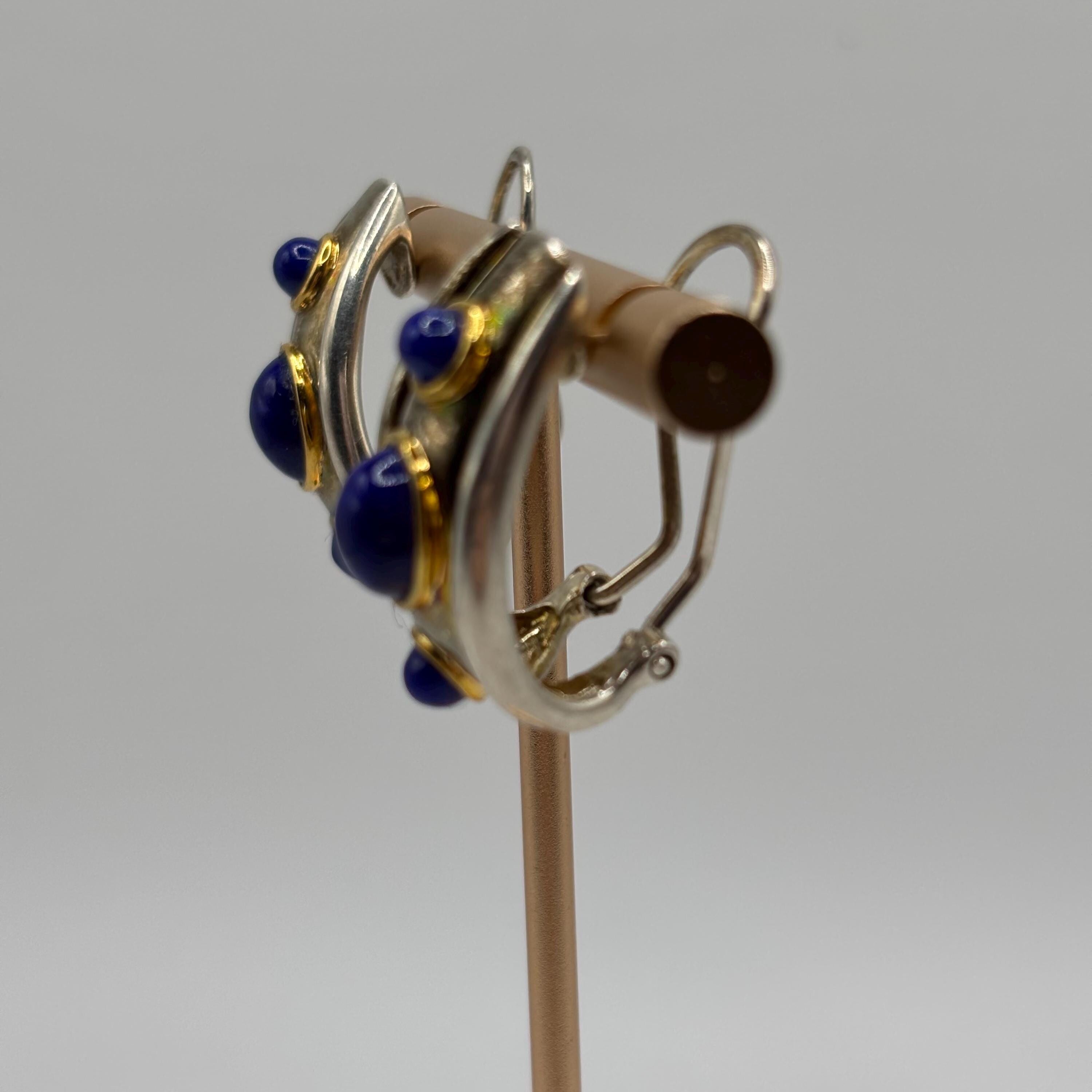 Vintage Gold Vermeil Over 925 Sterling Silver Hoop Earrings With Lapis Lazuli Accents