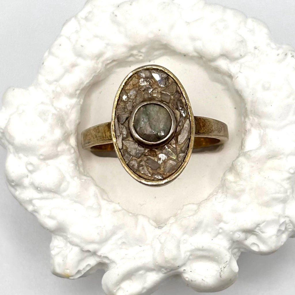 Vintage Gold Vermeil Over 925 Sterling Silver Mosaic and Brown Stone Ring Size 6.75