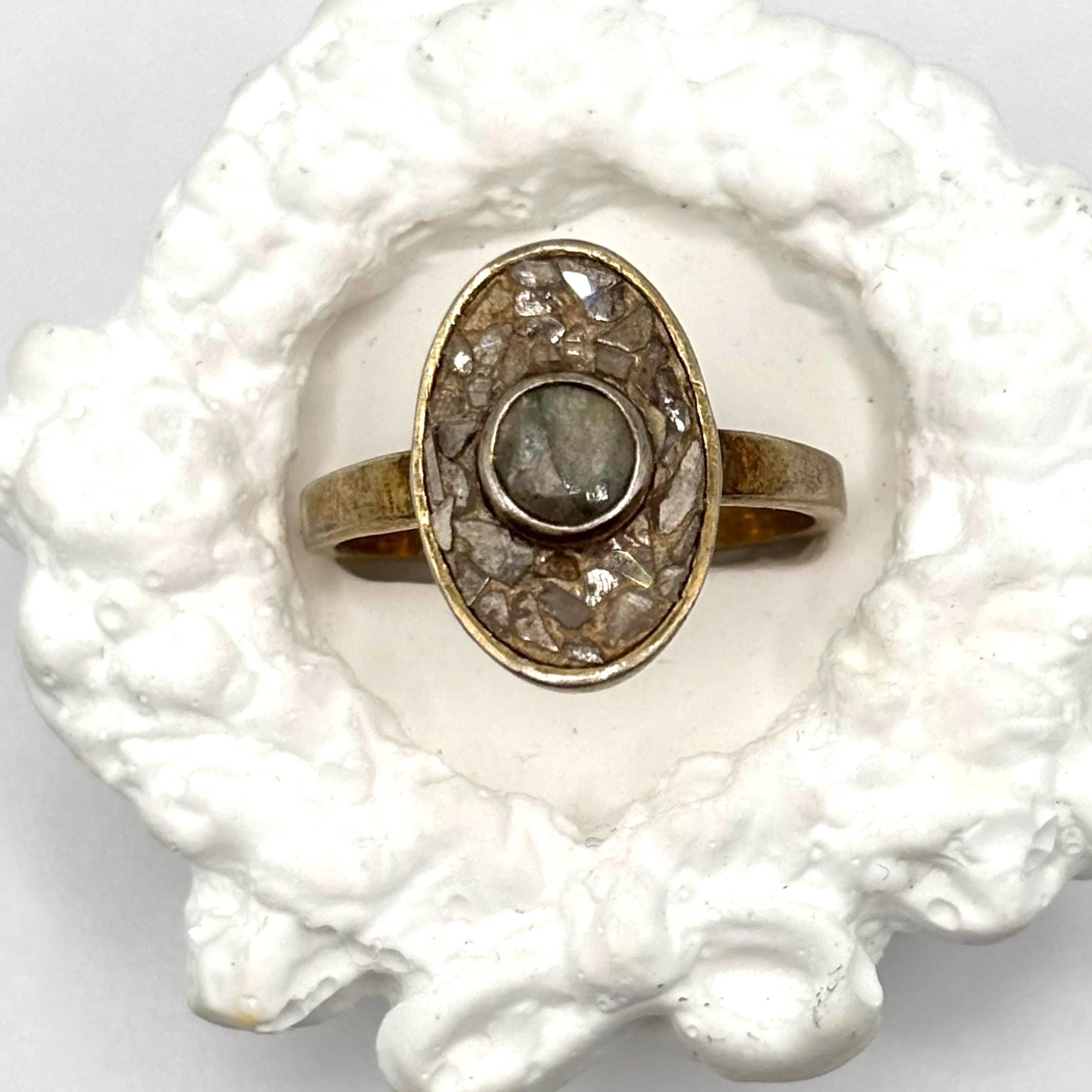 Vintage Gold Vermeil Over 925 Sterling Silver Mosaic and Brown Stone Ring Size 6.75
