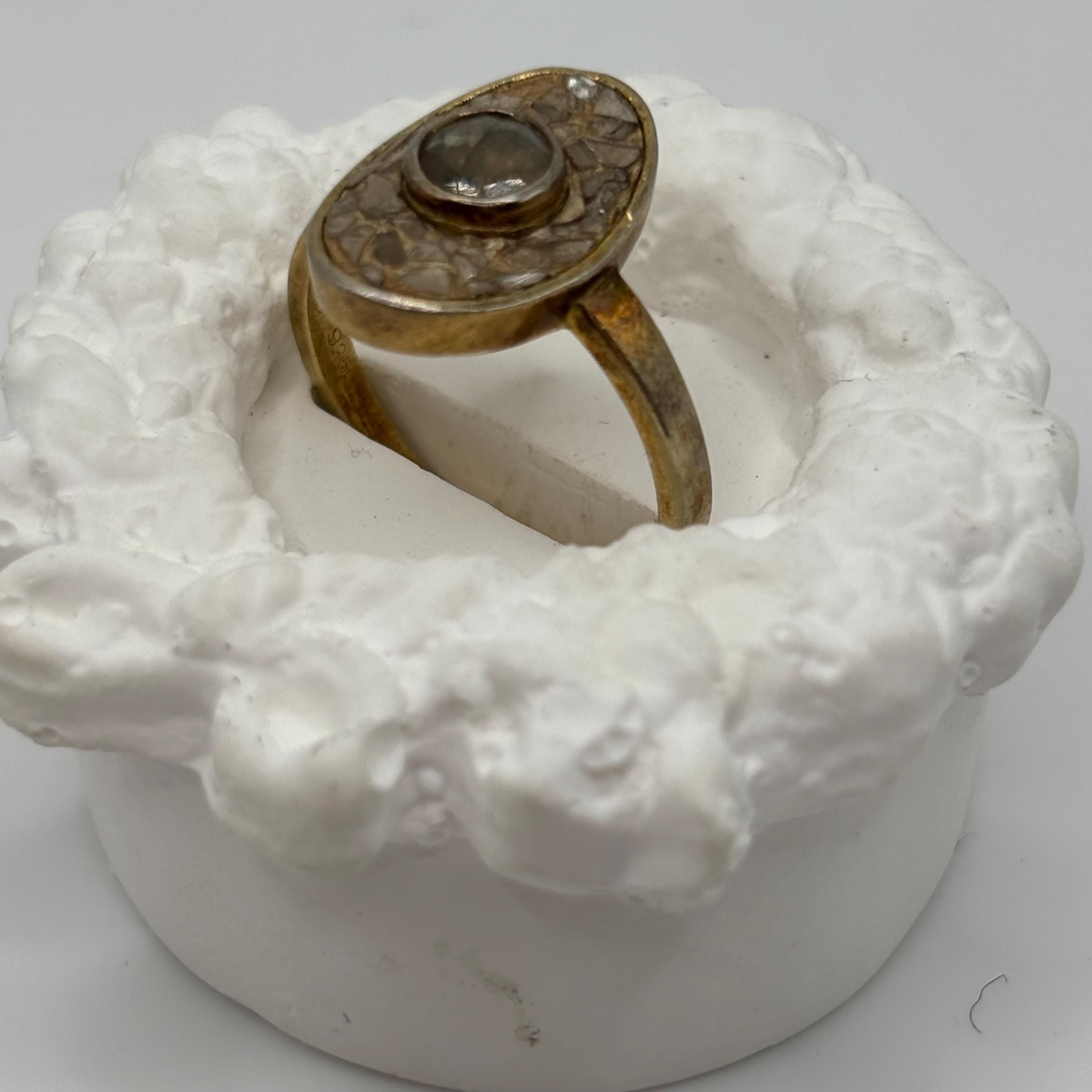 Vintage Gold Vermeil Over 925 Sterling Silver Mosaic and Brown Stone Ring Size 6.75