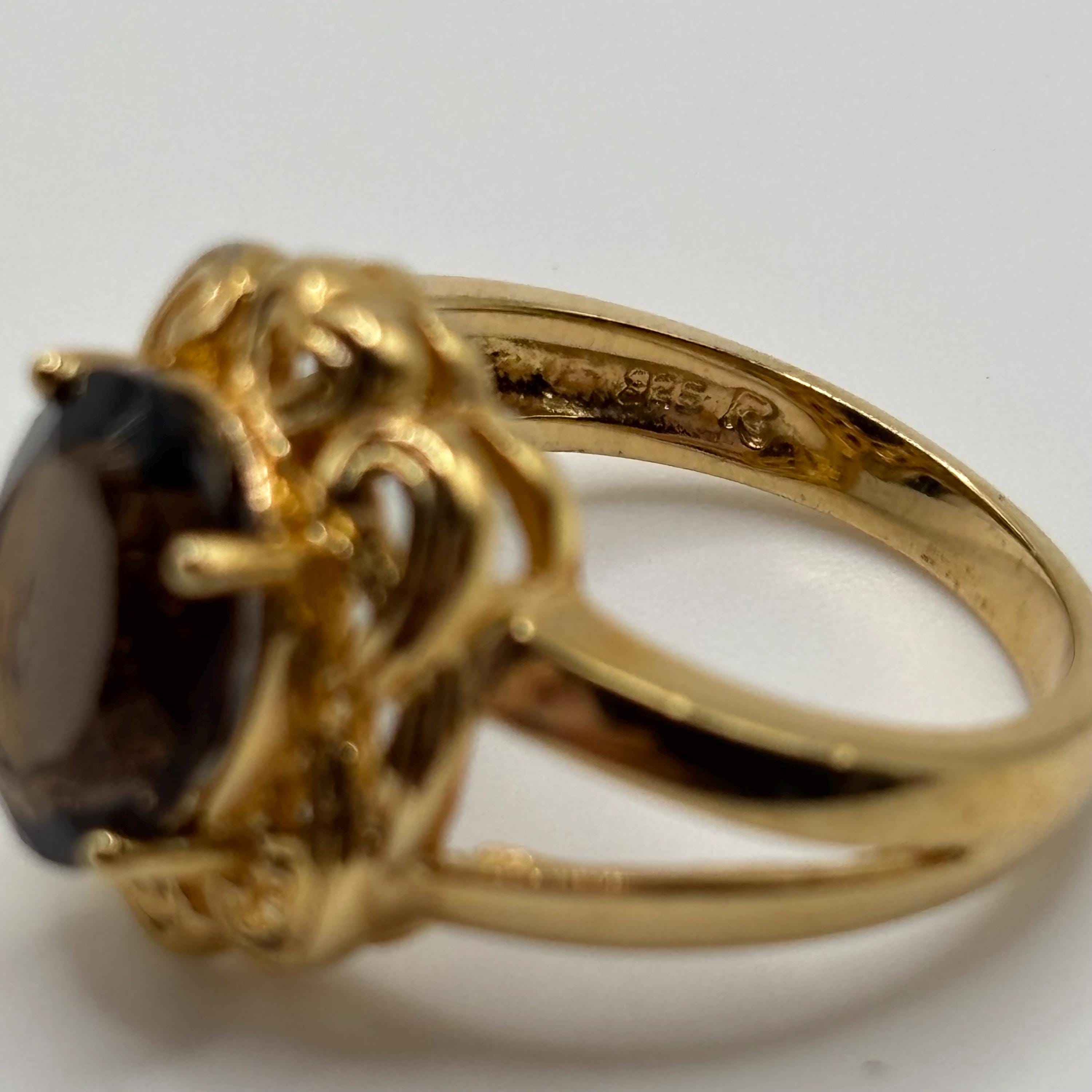Vintage Gold Vermeil Over 925 Sterling Silver Smoky Quartz Ring Size 6.75