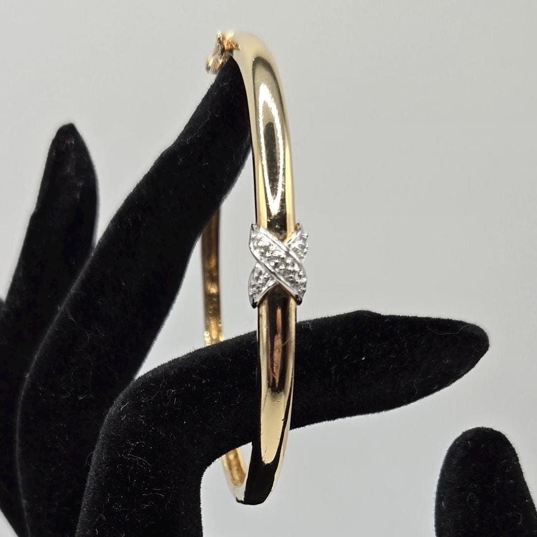 Vintage Gold Vermeil Sterling Silver Bangle: Crossover Diamond Accent, 6.75 in