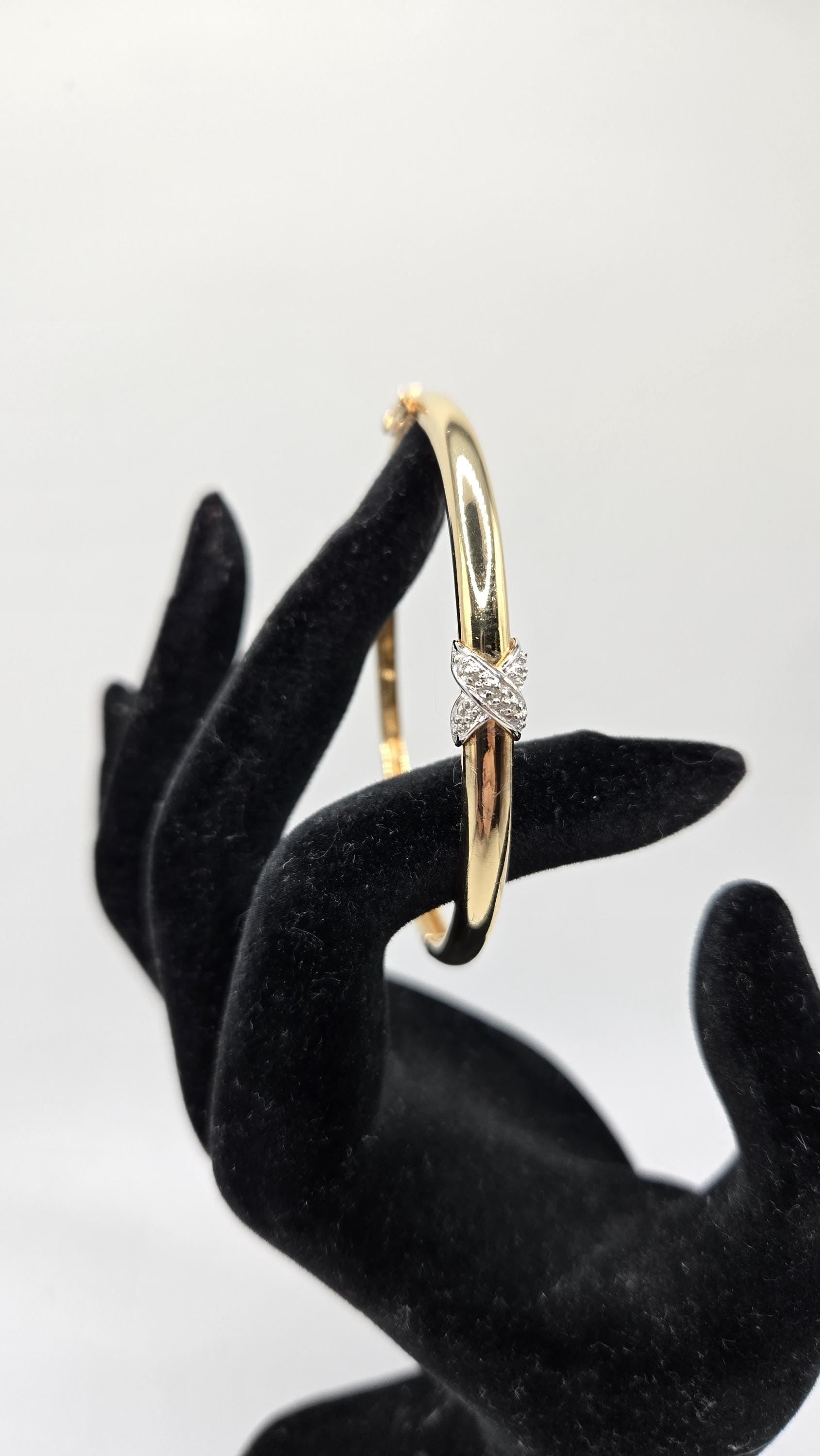 Vintage Gold Vermeil Sterling Silver Bangle: Crossover Diamond Accent, 6.75 in