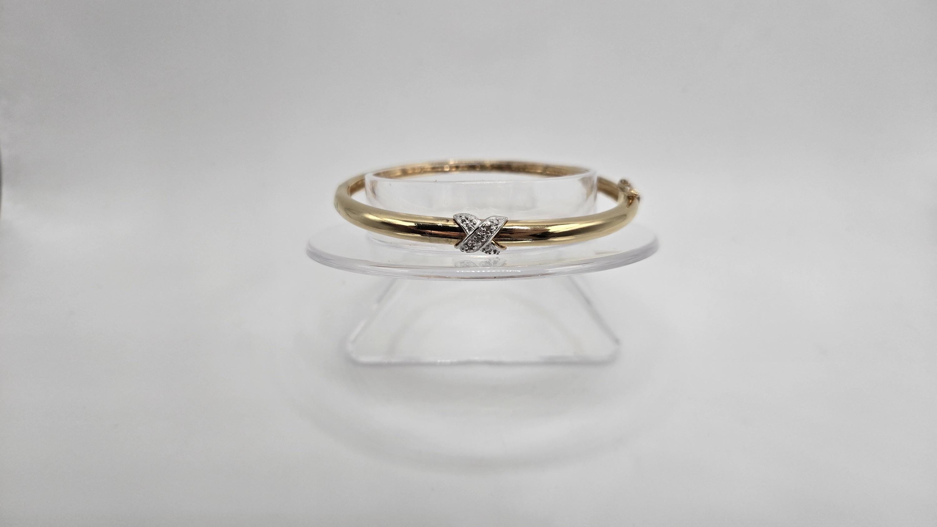 Vintage Gold Vermeil Sterling Silver Bangle: Crossover Diamond Accent, 6.75 in