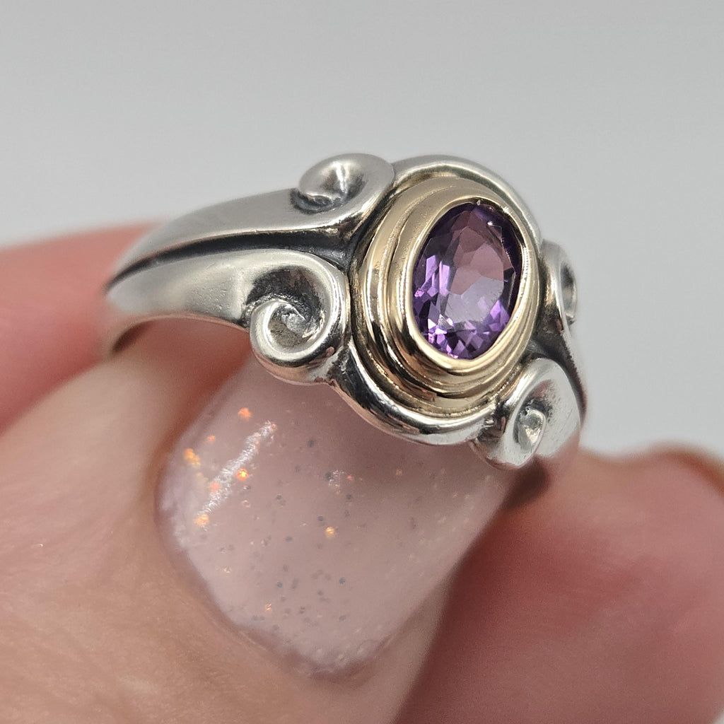 Vintage James Avery Amethyst Ring: Sterling Silver and 14K Gold, Size 6.5 Purple