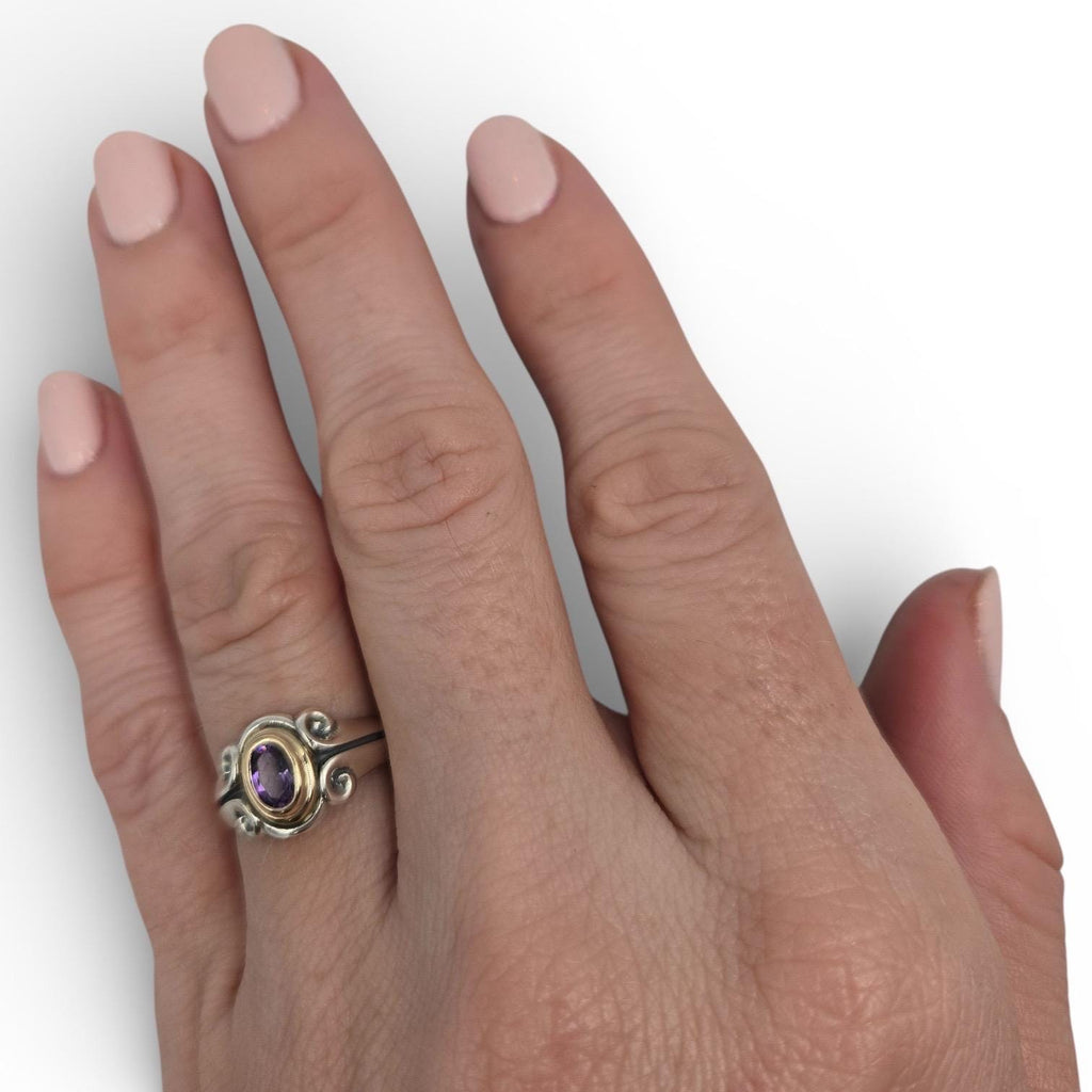 Vintage James Avery Amethyst Ring: Sterling Silver and 14K Gold, Size 6.5 Purple