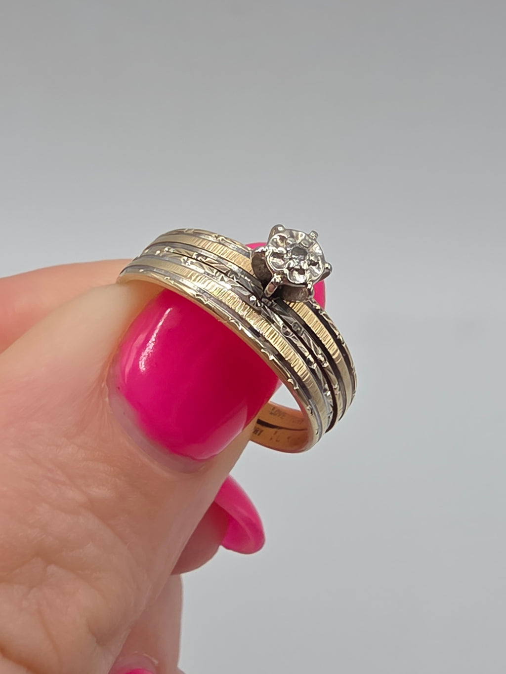 Vintage Love Story solid 10K two tone gold diamond soldered bridal wedding set size 7