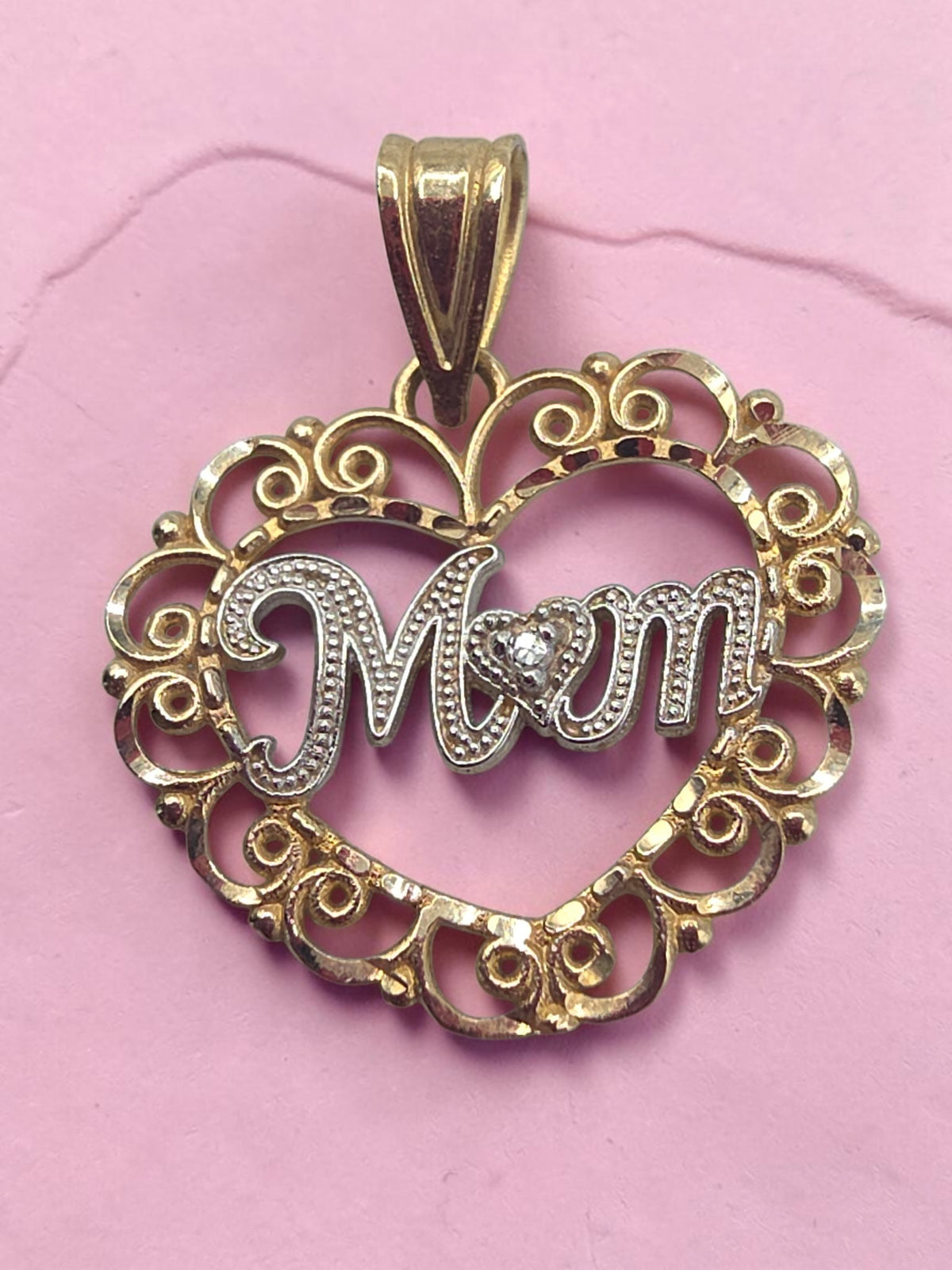 Vintage Michael Anthony Solid 14K Two Tone Gold Filigree Open Heart Pendant with Mom in Script and a Round Diamond Set in a Small Heart