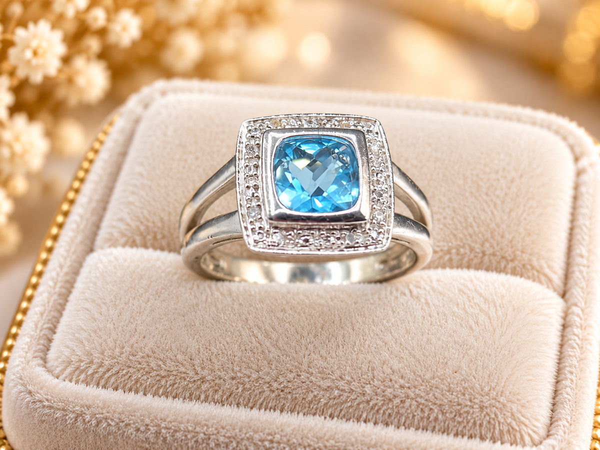 Vintage Pierre Meunier 925 Sterling Silver Blue Topaz Diamond Halo Ring – Size 7