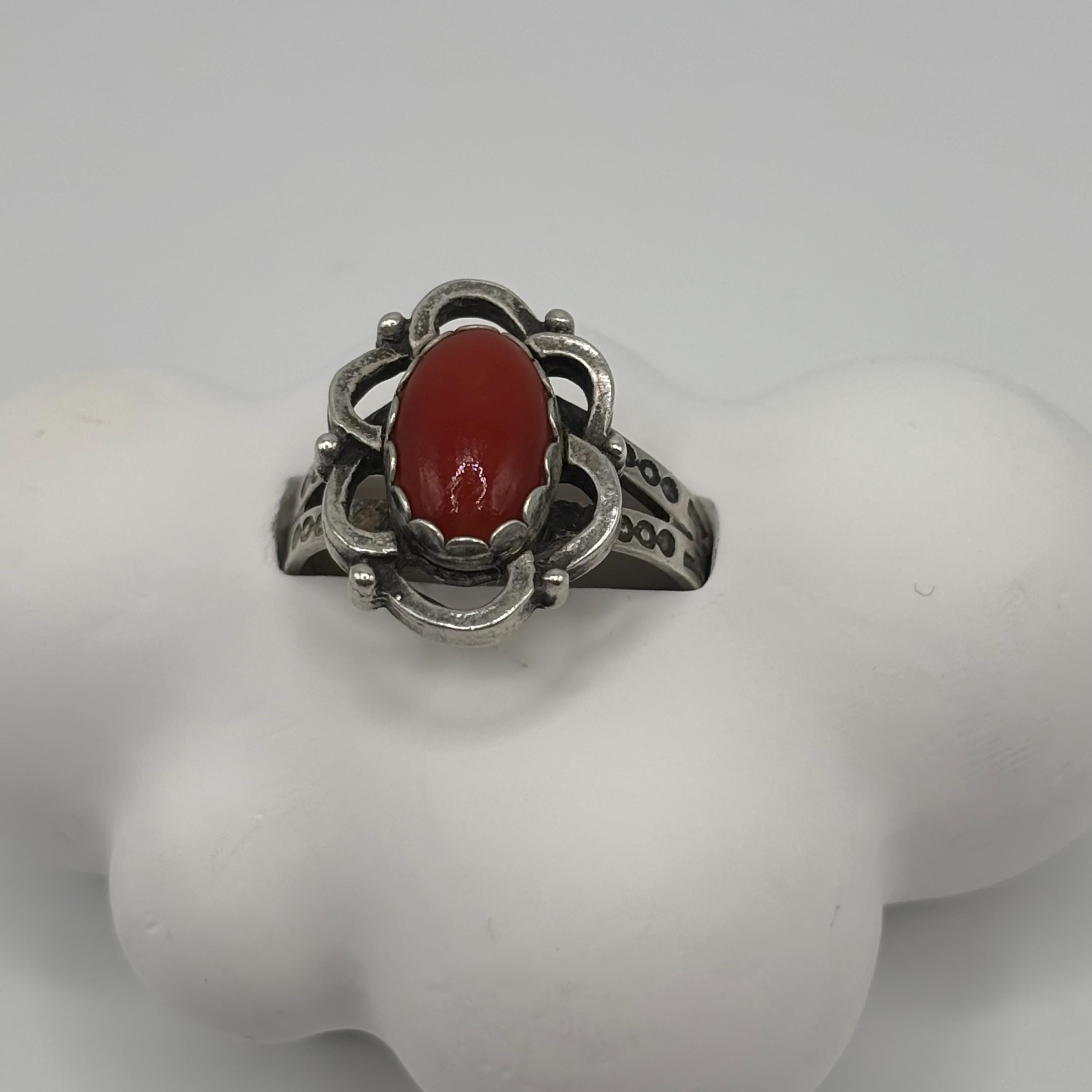 Vintage Red Coral and Sterling Silver Native American Ring Size 7.75