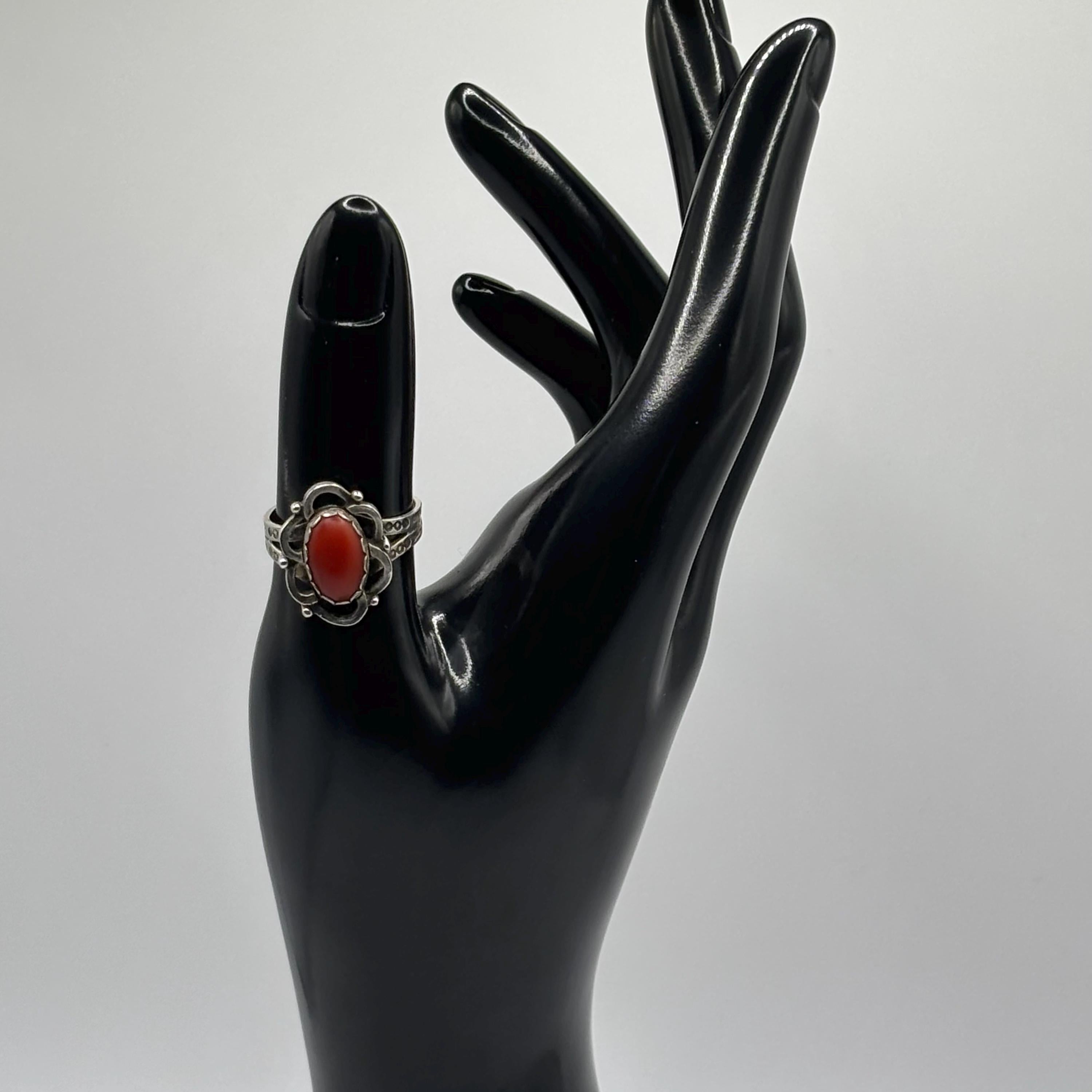 Vintage Red Coral and Sterling Silver Native American Ring Size 7.75