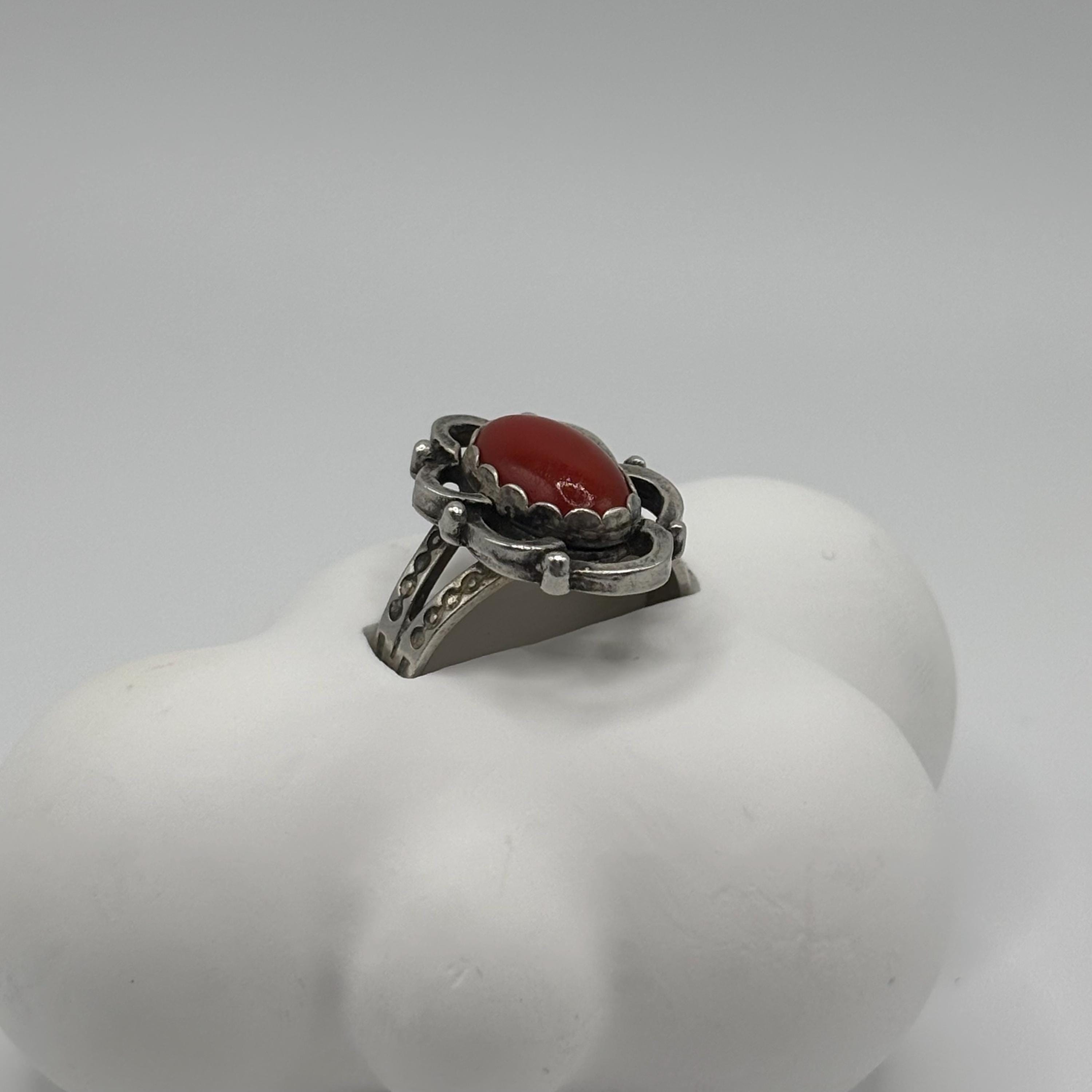 Vintage Red Coral and Sterling Silver Native American Ring Size 7.75