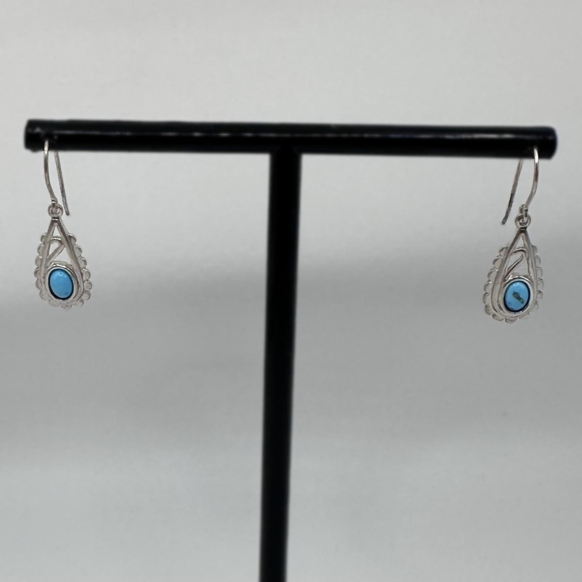 Vintage Shube Sterling Silver Southwest Teardrop Drop Dangle Earrings with Oval Turquoise Cabochons