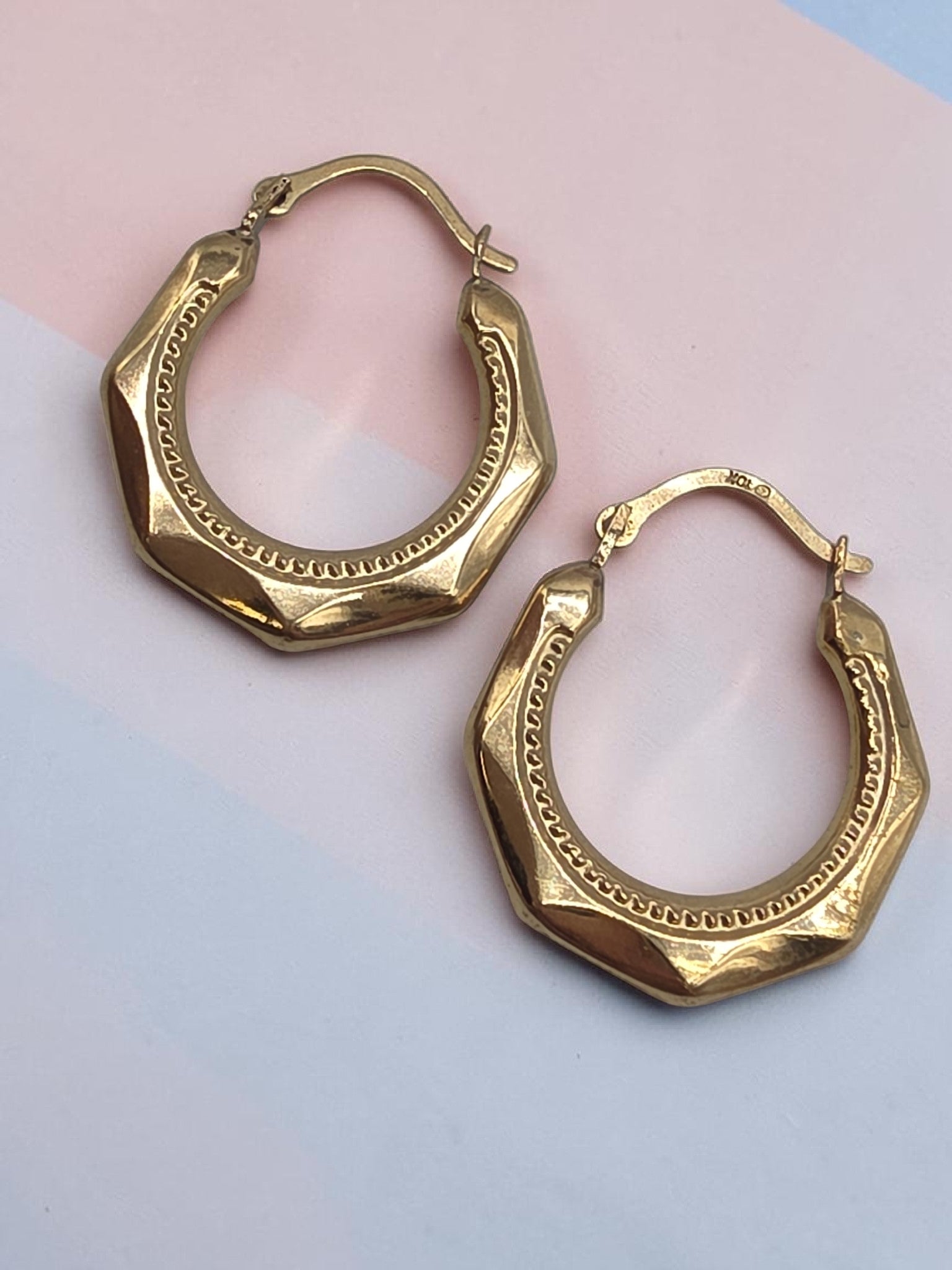 Vintage Solid 10K Yellow Gold Faceted Octagon Creole Hoop Earrings