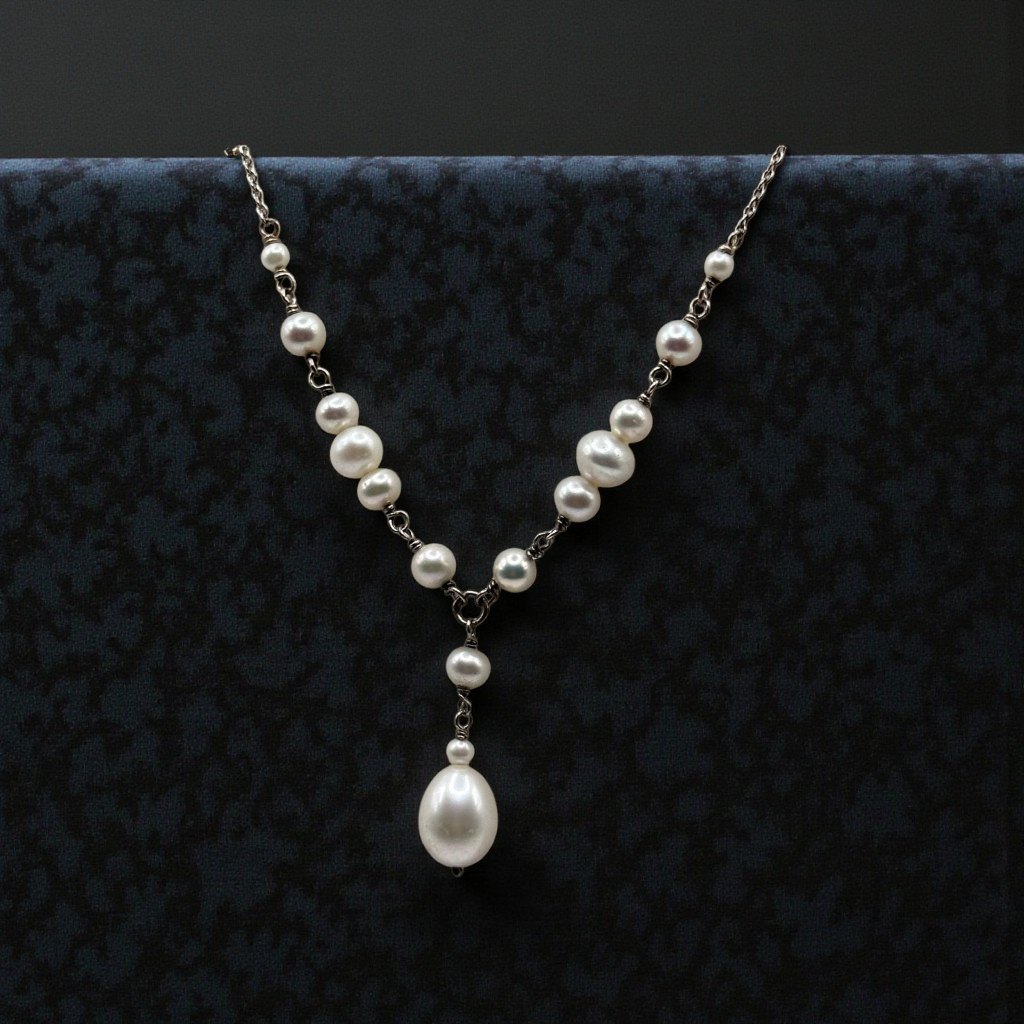 Vintage Sterling Silver Pearl Station Y Drop Necklace Teardrop 18 Inch