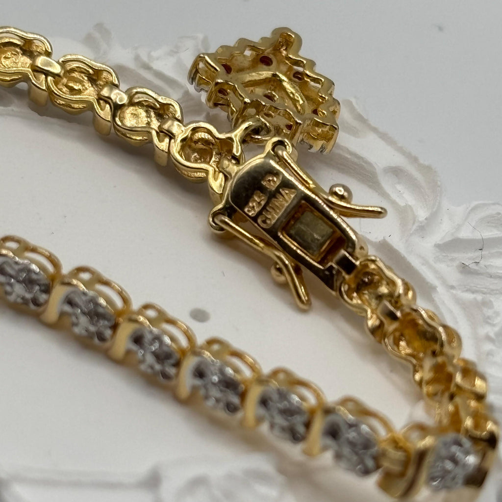 Vintage Vermeil Sterling Silver Link Bracelet: Ruby Heart Charm, 7 Inch