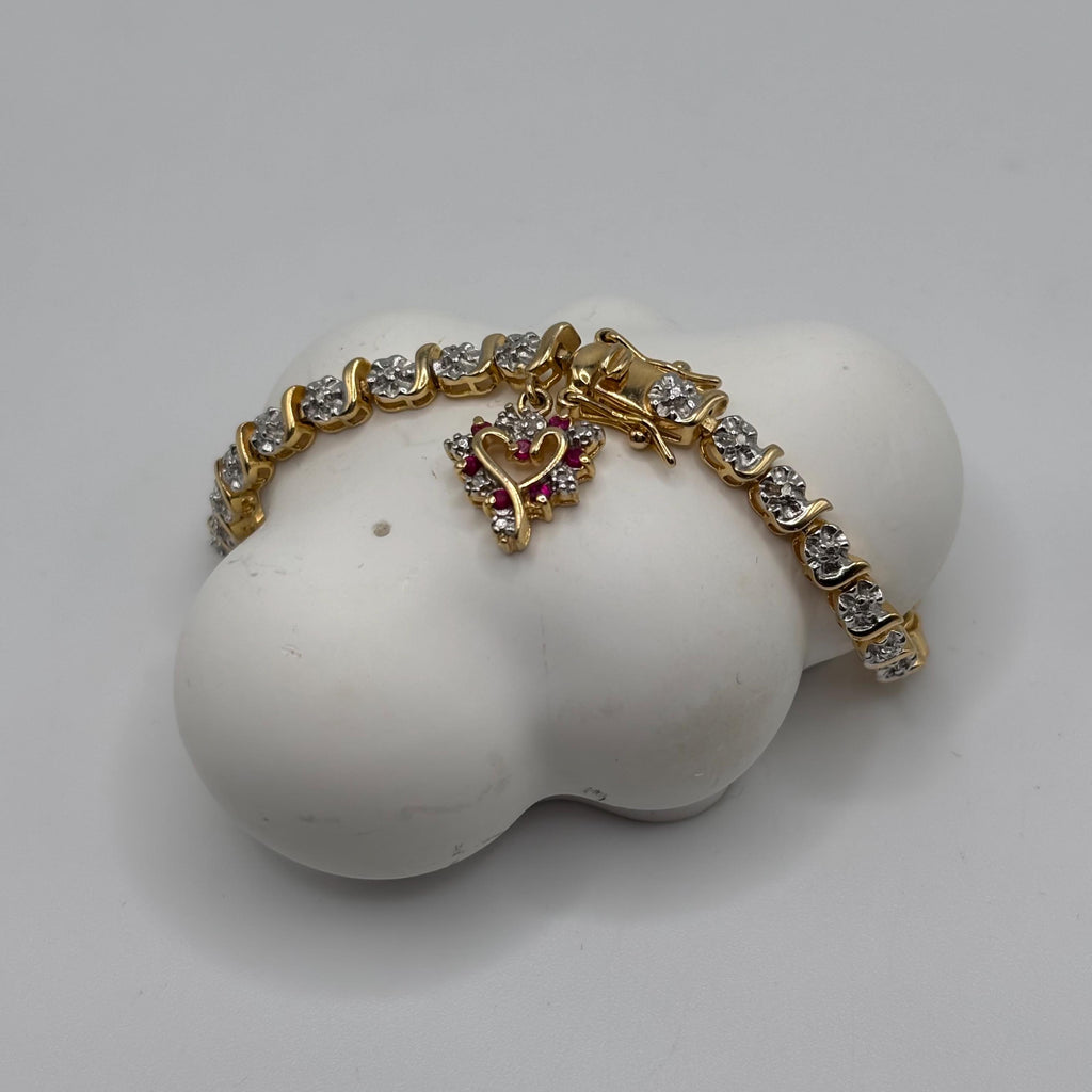 Vintage Vermeil Sterling Silver Link Bracelet: Ruby Heart Charm, 7 Inch