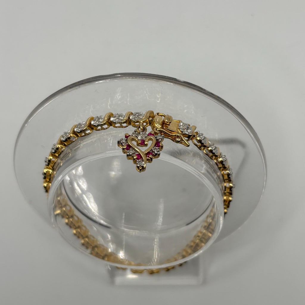 Vintage Vermeil Sterling Silver Link Bracelet: Ruby Heart Charm, 7 Inch