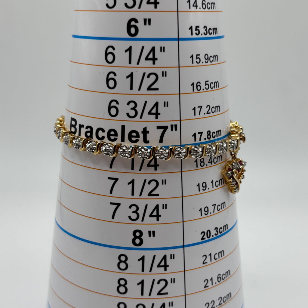 Vintage Vermeil Sterling Silver Link Bracelet: Ruby Heart Charm, 7 Inch