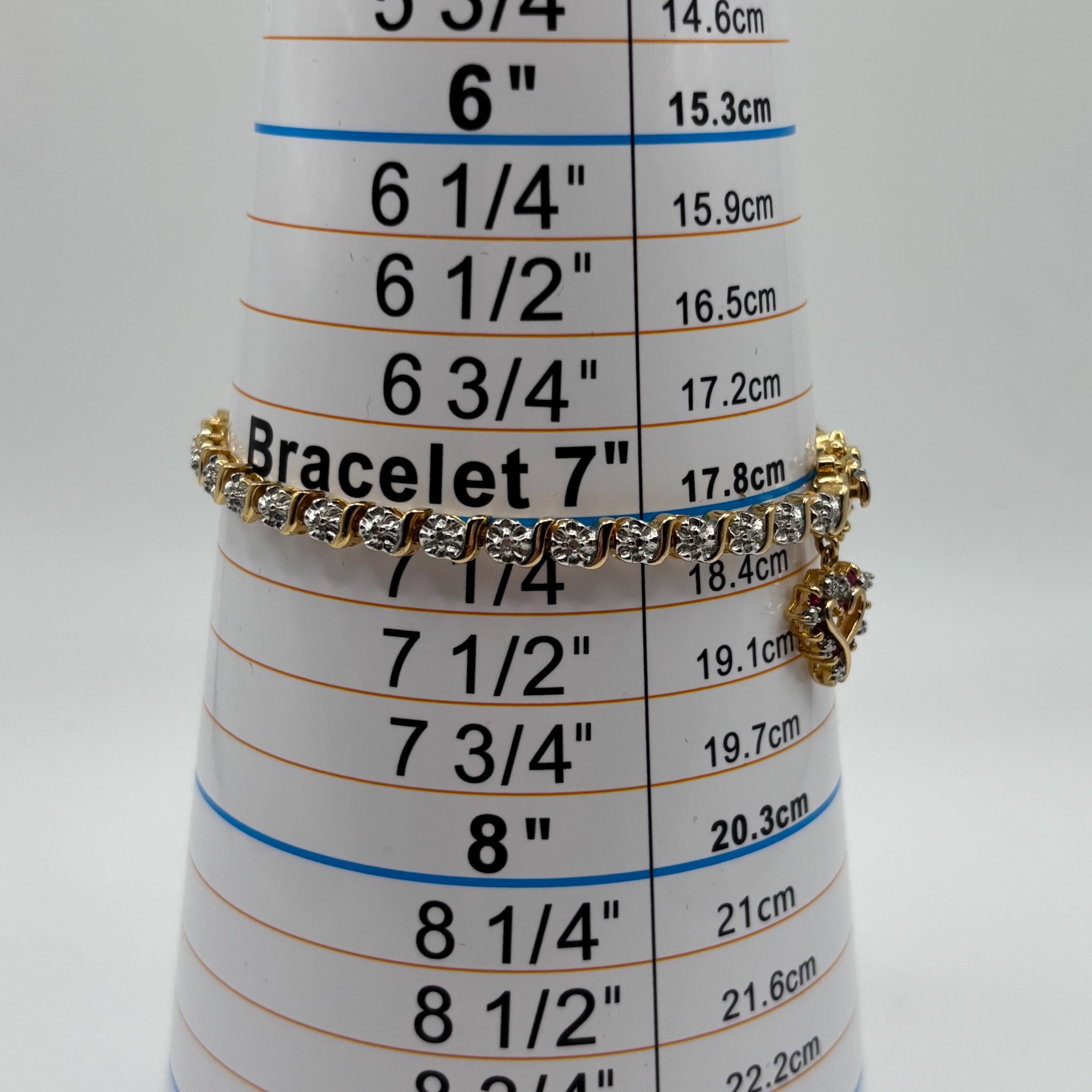 Vintage Vermeil Sterling Silver Link Bracelet: Ruby Heart Charm, 7 Inch