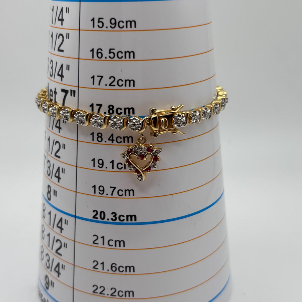 Vintage Vermeil Sterling Silver Link Bracelet: Ruby Heart Charm, 7 Inch