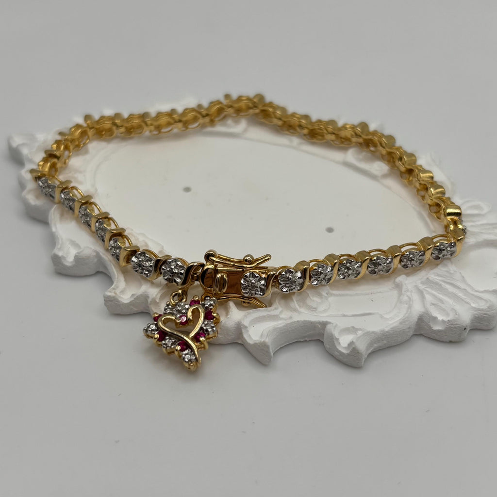 Vintage Vermeil Sterling Silver Link Bracelet: Ruby Heart Charm, 7 Inch