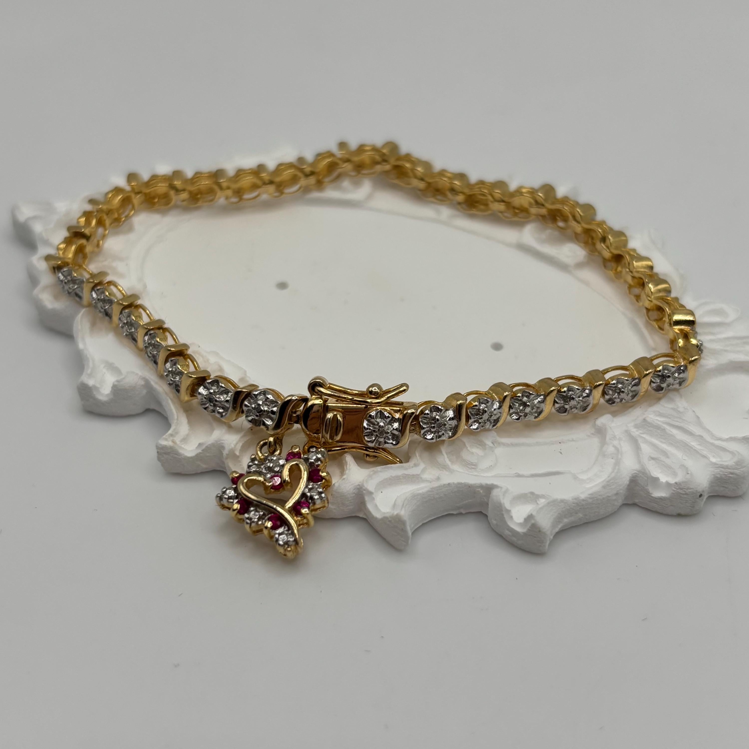 Vintage Vermeil Sterling Silver Link Bracelet: Ruby Heart Charm, 7 Inch