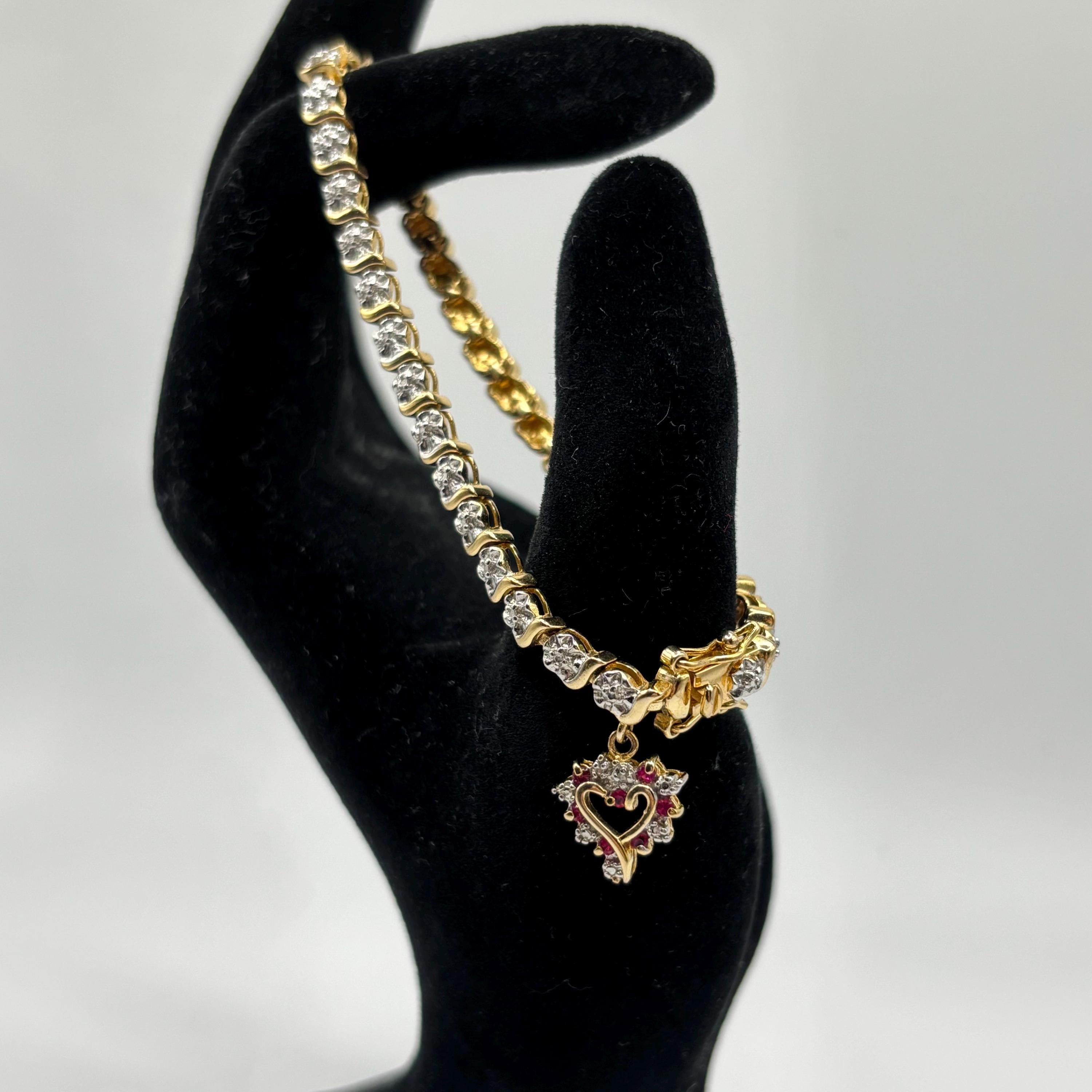 Vintage Vermeil Sterling Silver Link Bracelet: Ruby Heart Charm, 7 Inch