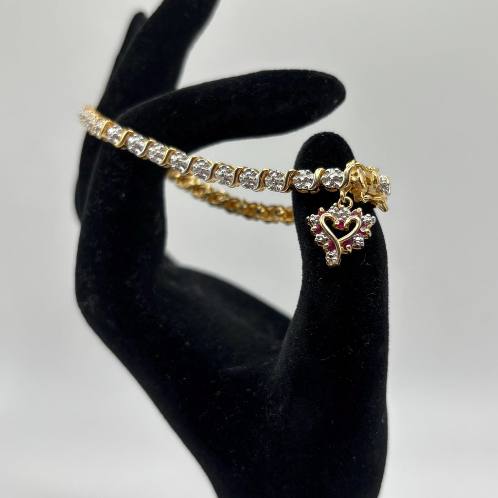 Vintage Vermeil Sterling Silver Link Bracelet: Ruby Heart Charm, 7 Inch