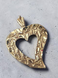 Vintage solid 10K yellow gold diamond cut open heart pendant with nugget texture