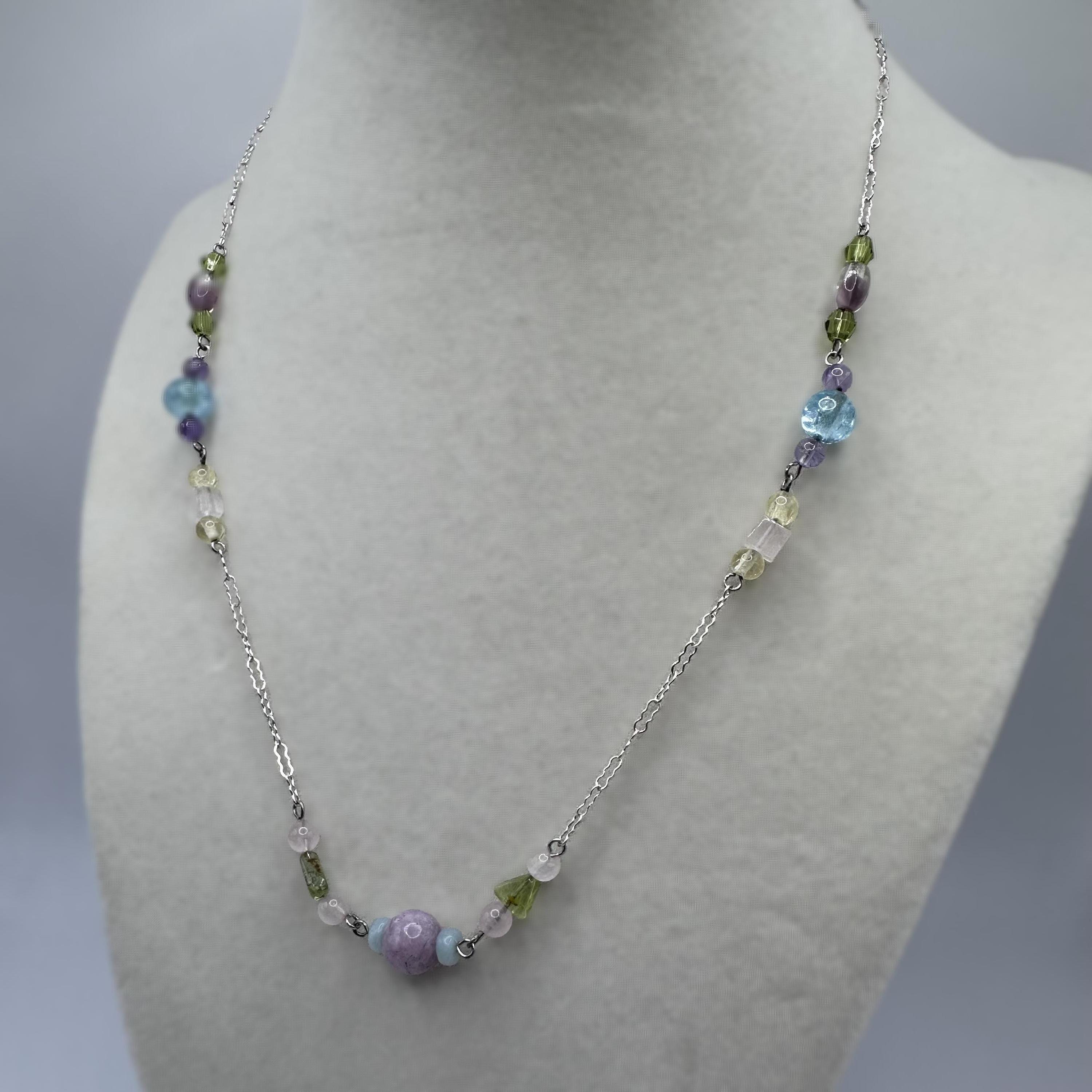 Sterling Silver Purple Turquoise and Green Beaded Necklace 17.5" Vintage