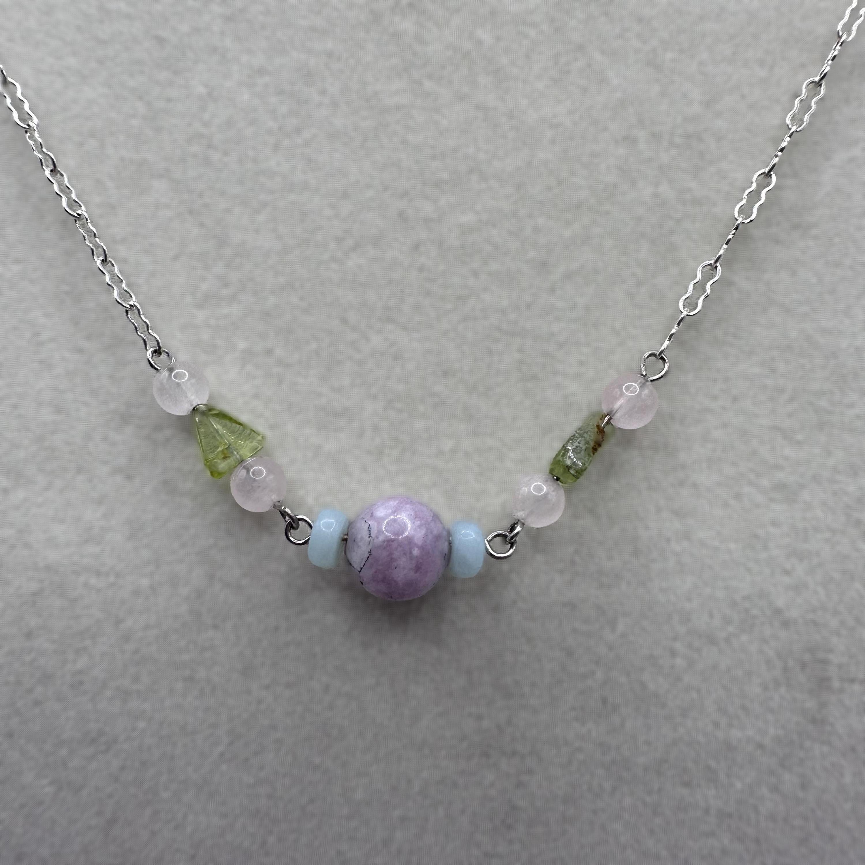 Sterling Silver Purple Turquoise and Green Beaded Necklace 17.5" Vintage