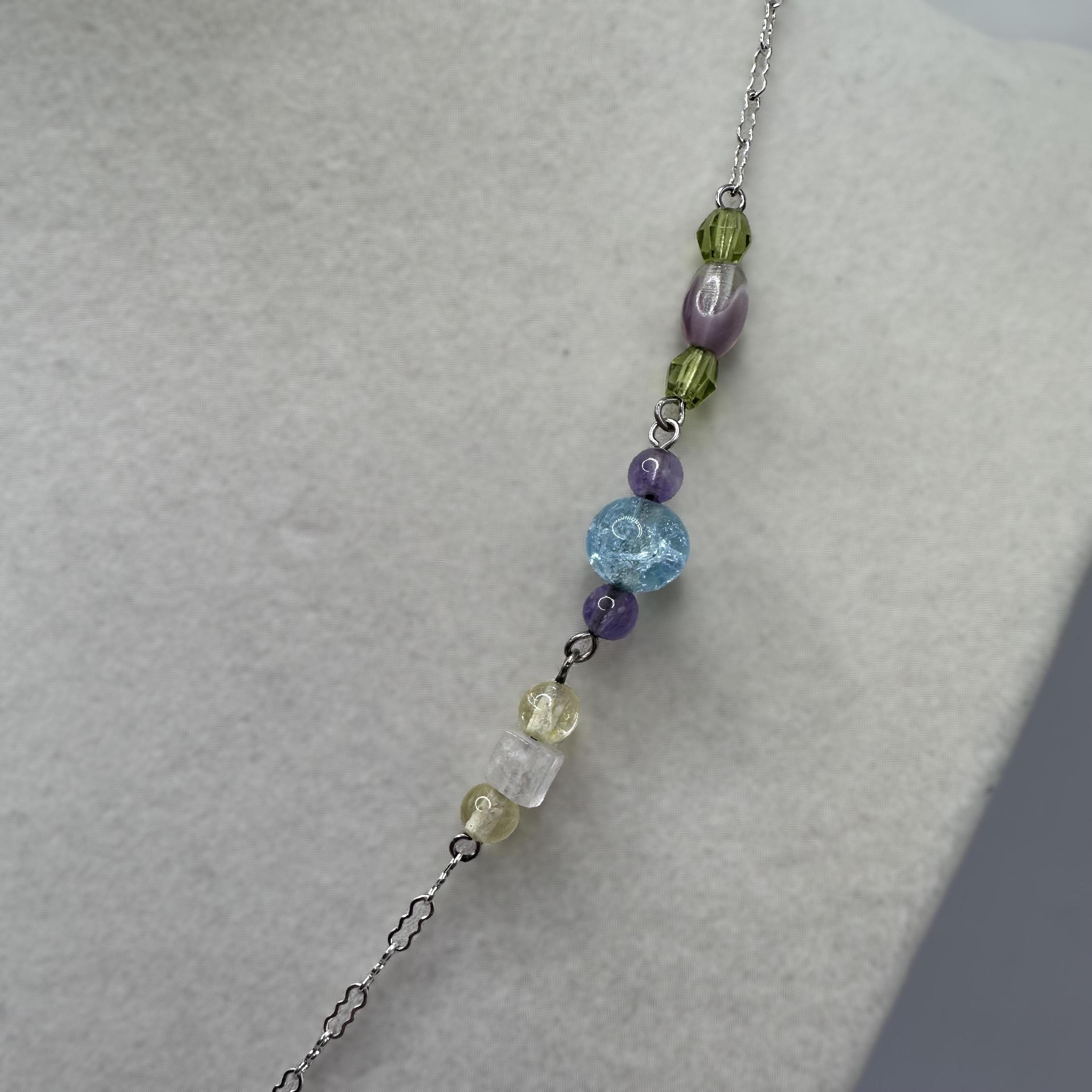 Sterling Silver Purple Turquoise and Green Beaded Necklace 17.5" Vintage