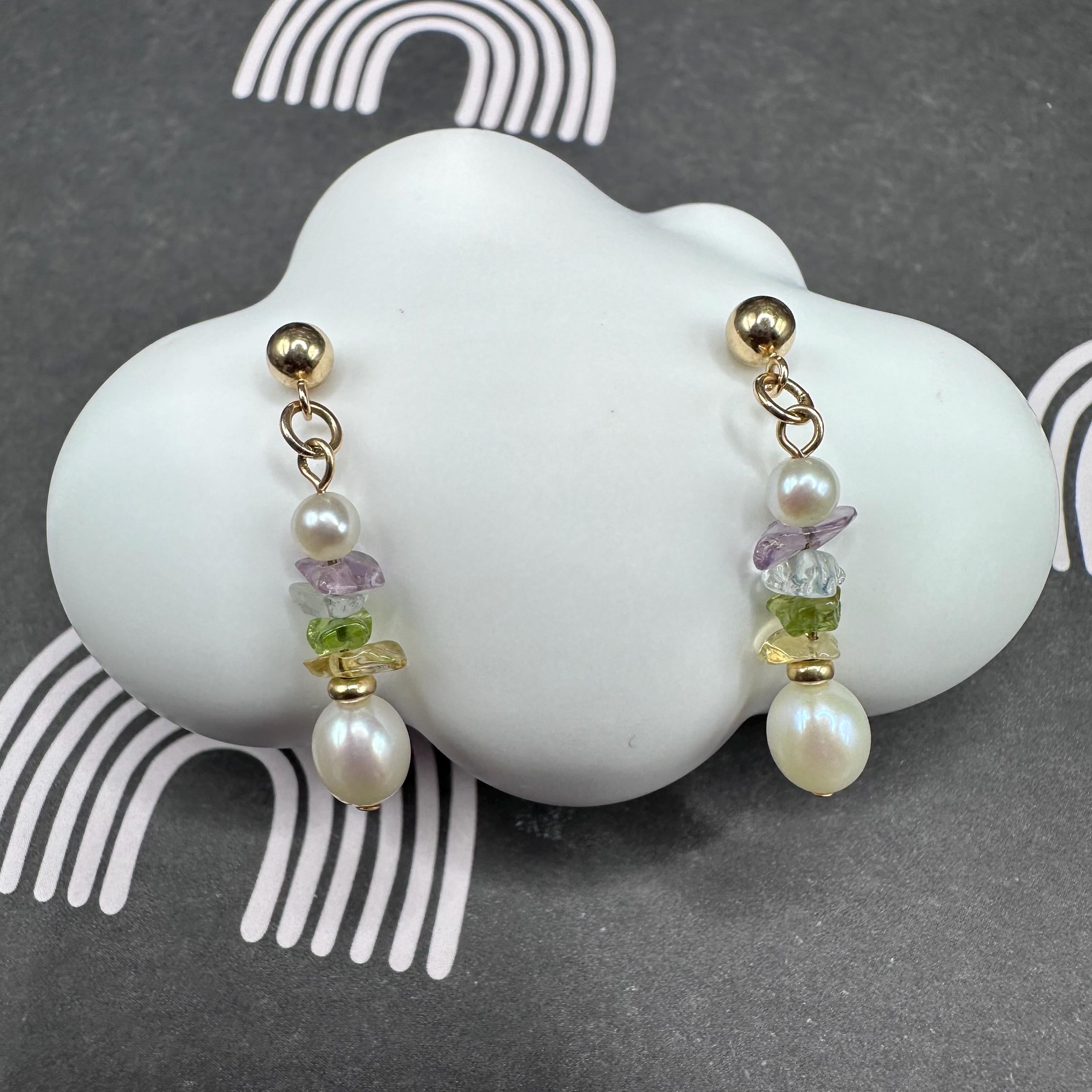 14k Solid Yellow Gold Dangle Earrings with Pearl and Rough Cut Gemstones