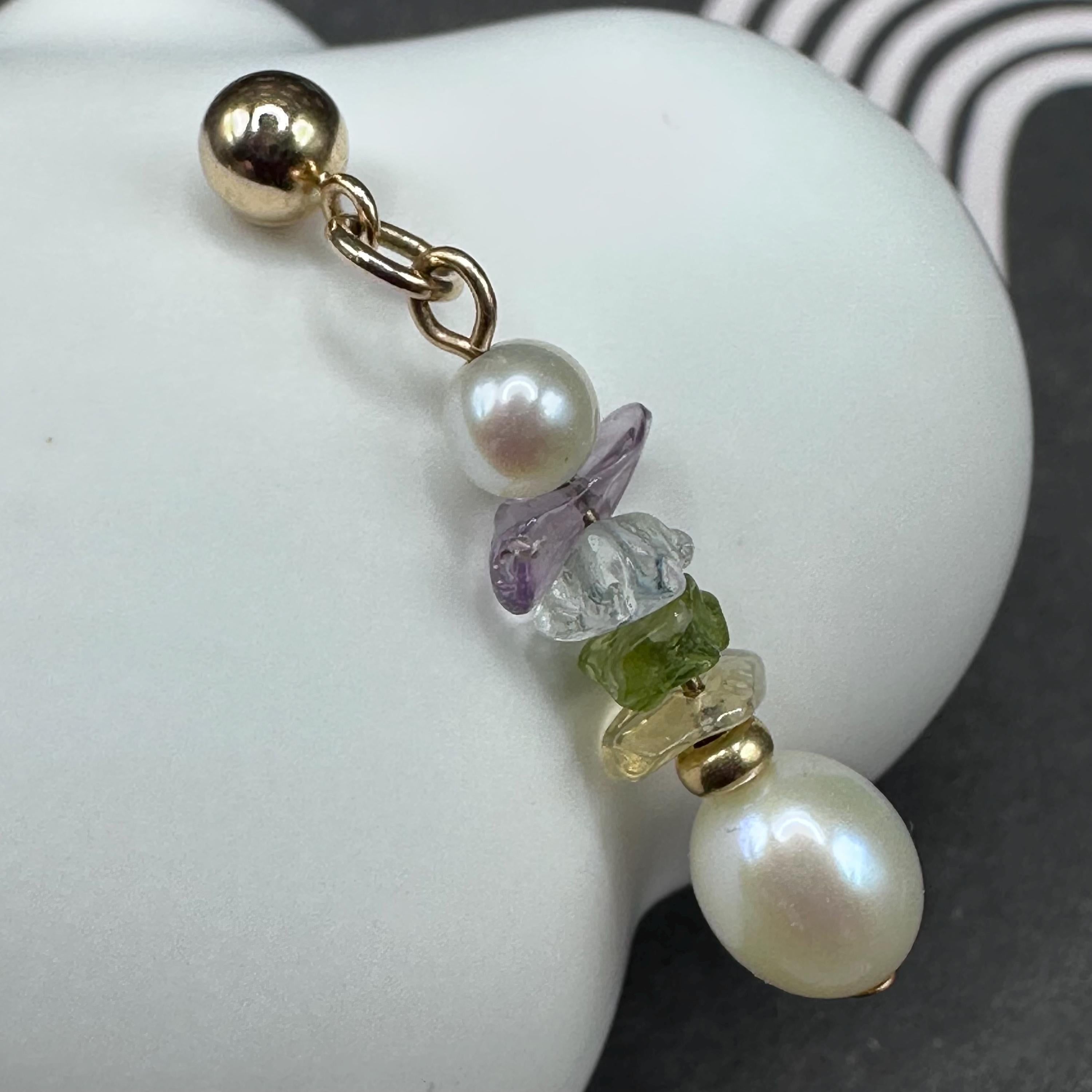 14k Solid Yellow Gold Dangle Earrings with Pearl and Rough Cut Gemstones