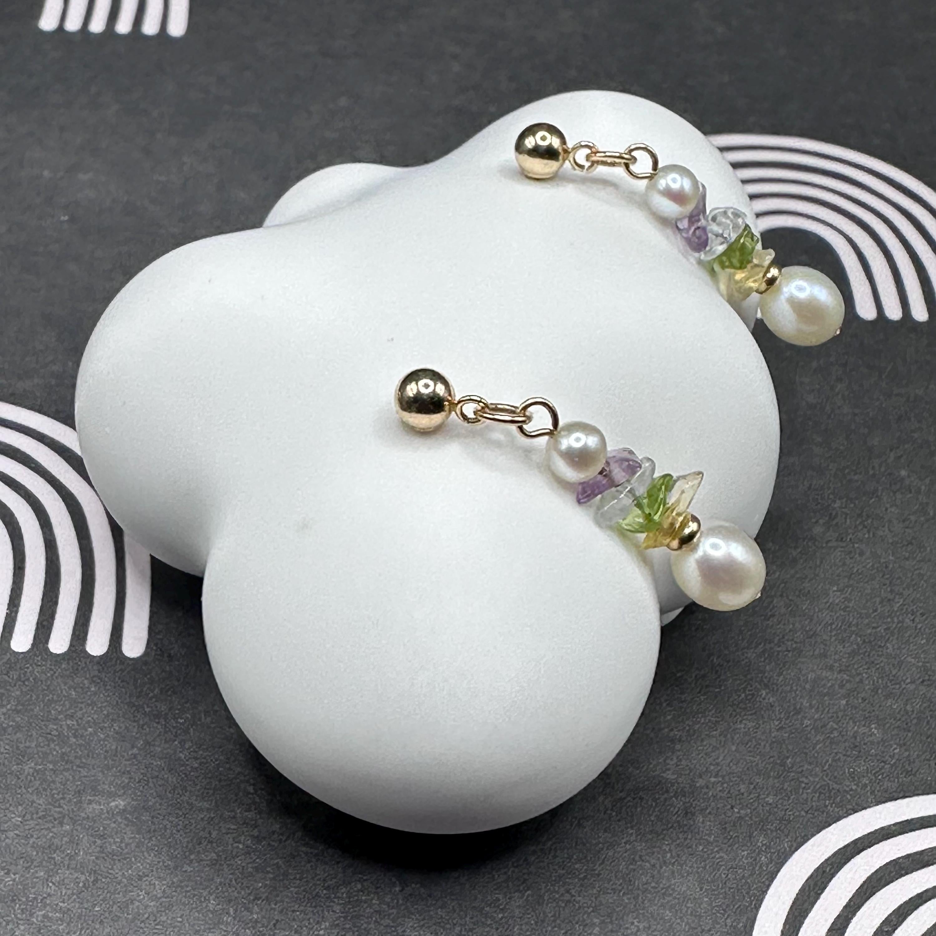 14k Solid Yellow Gold Dangle Earrings with Pearl and Rough Cut Gemstones